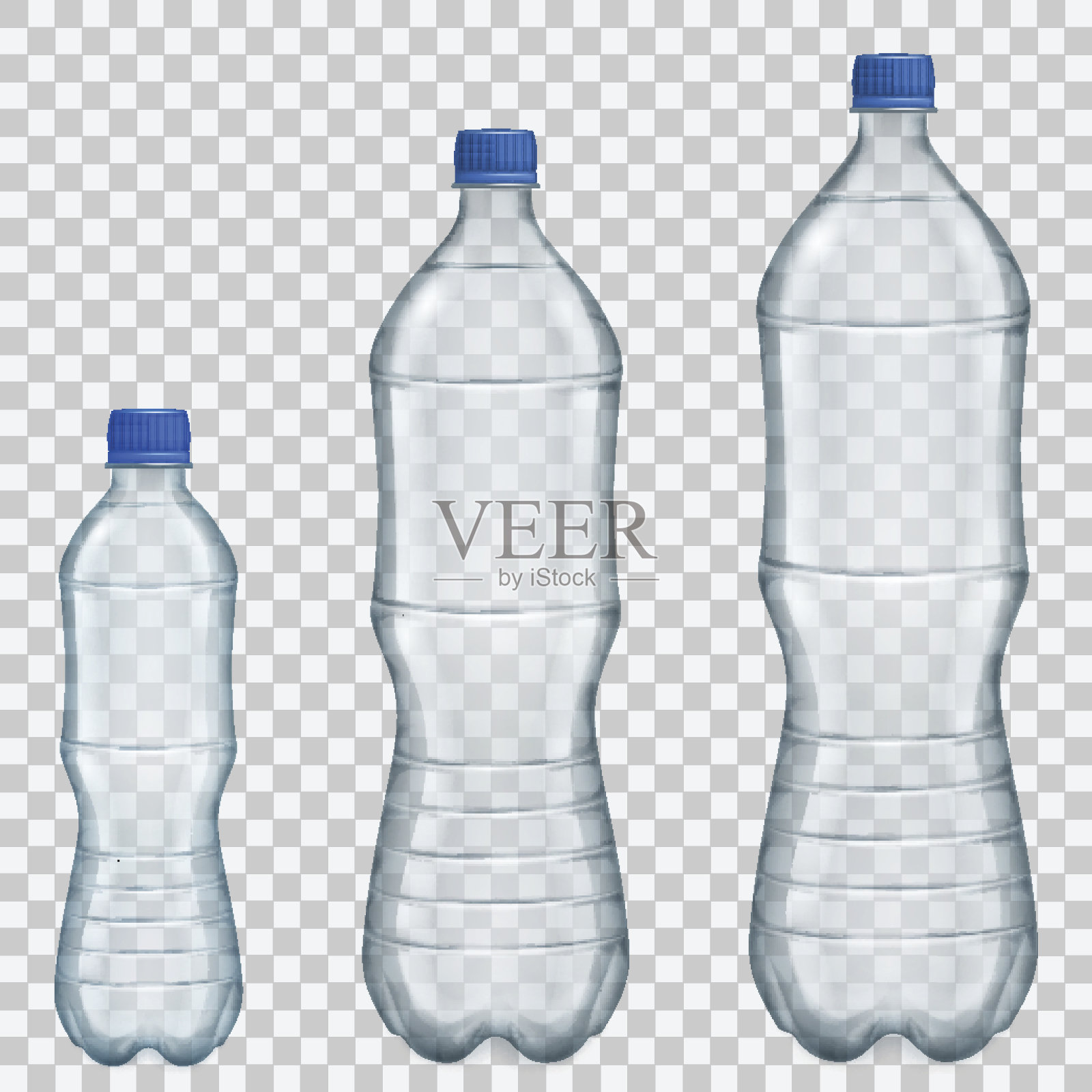 一套透明塑料瓶的各种大小与矿泉水插画图片素材
