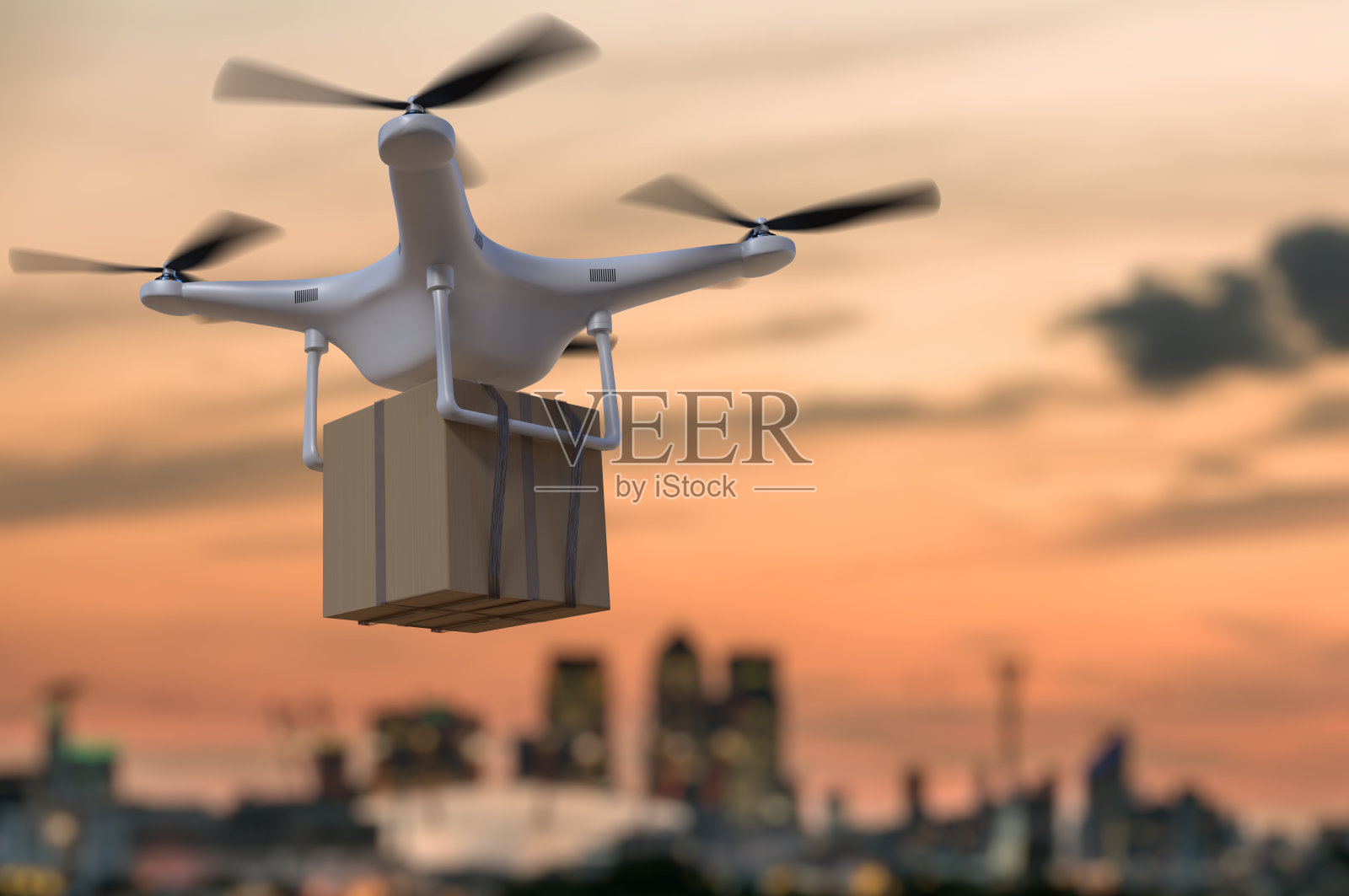 3D渲染插图飞行无人机递送包裹在日落。插画图片素材