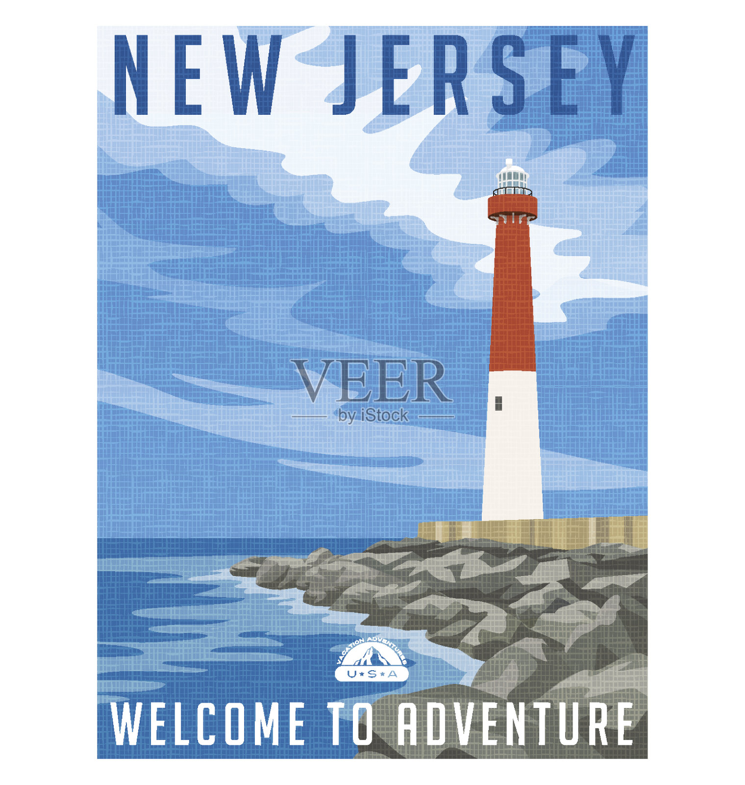 新泽西旅游海报或贴纸。矢量插图的历史灯塔在大西洋海岸。插画图片素材