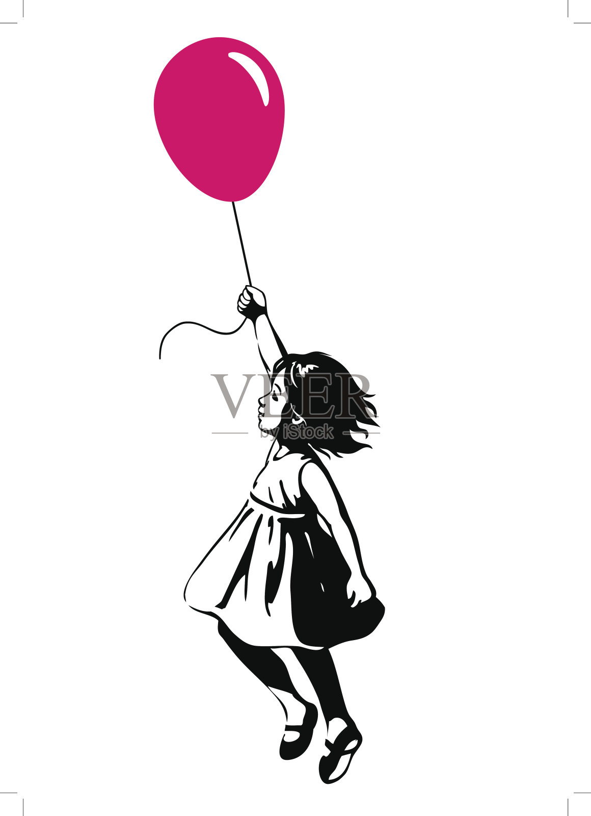 小女孩用红色气球漂浮，街头涂鸦艺术风格插画图片素材