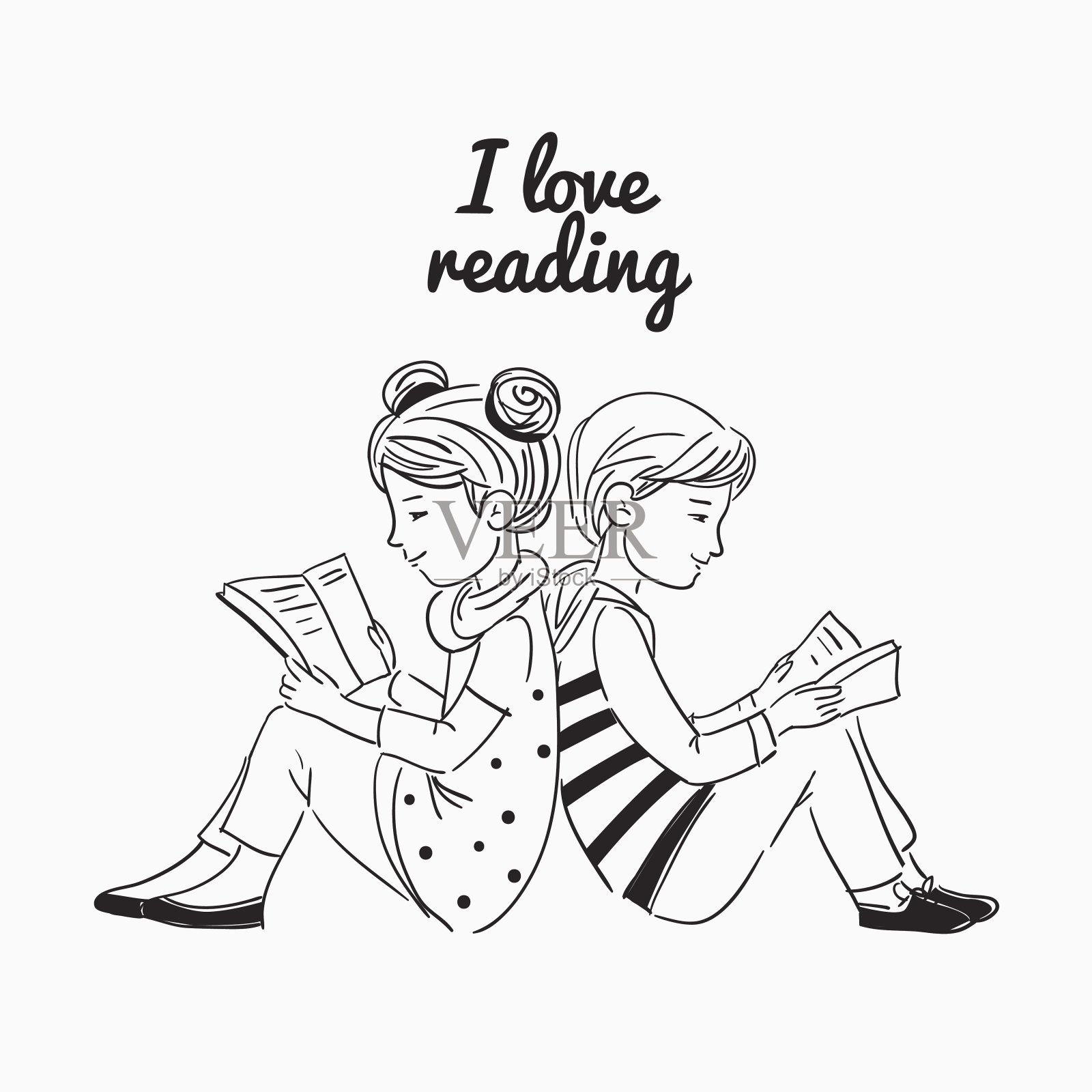 可爱的男孩和女孩在读书插画图片素材