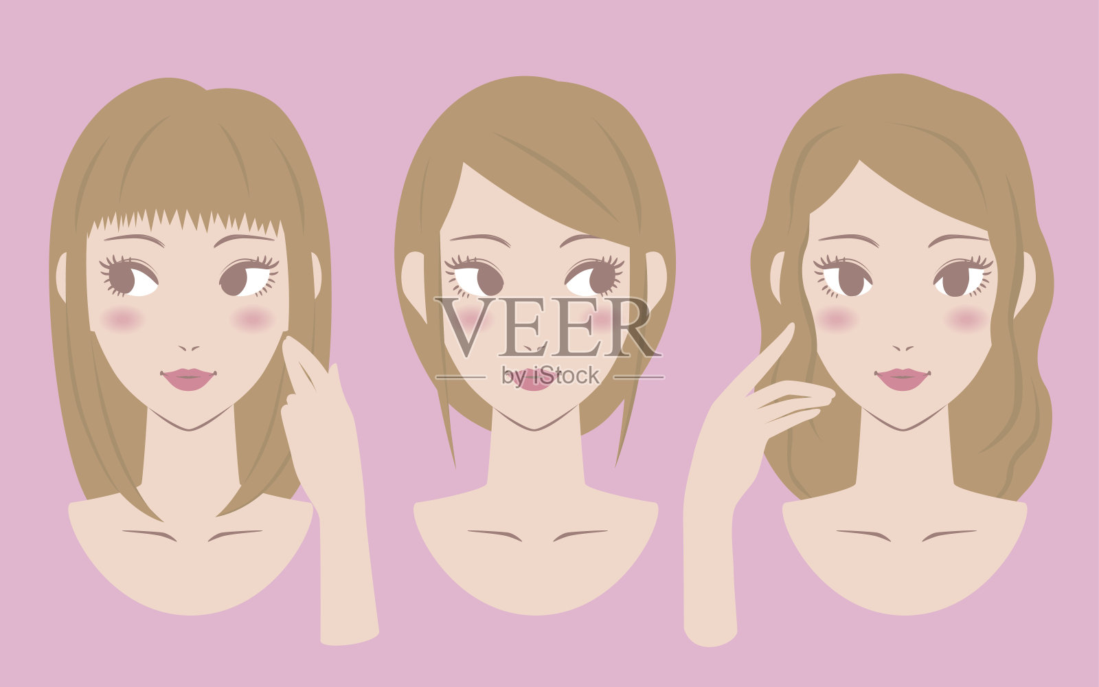 女人的发型，各种姿势和表情，矢量插图插画图片素材