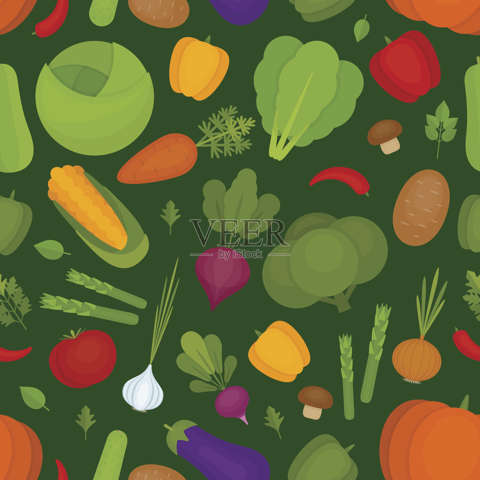 蔬菜的背景。新鲜蔬菜模式。有机健康食品。平面风格，矢量插图。设计元素图片