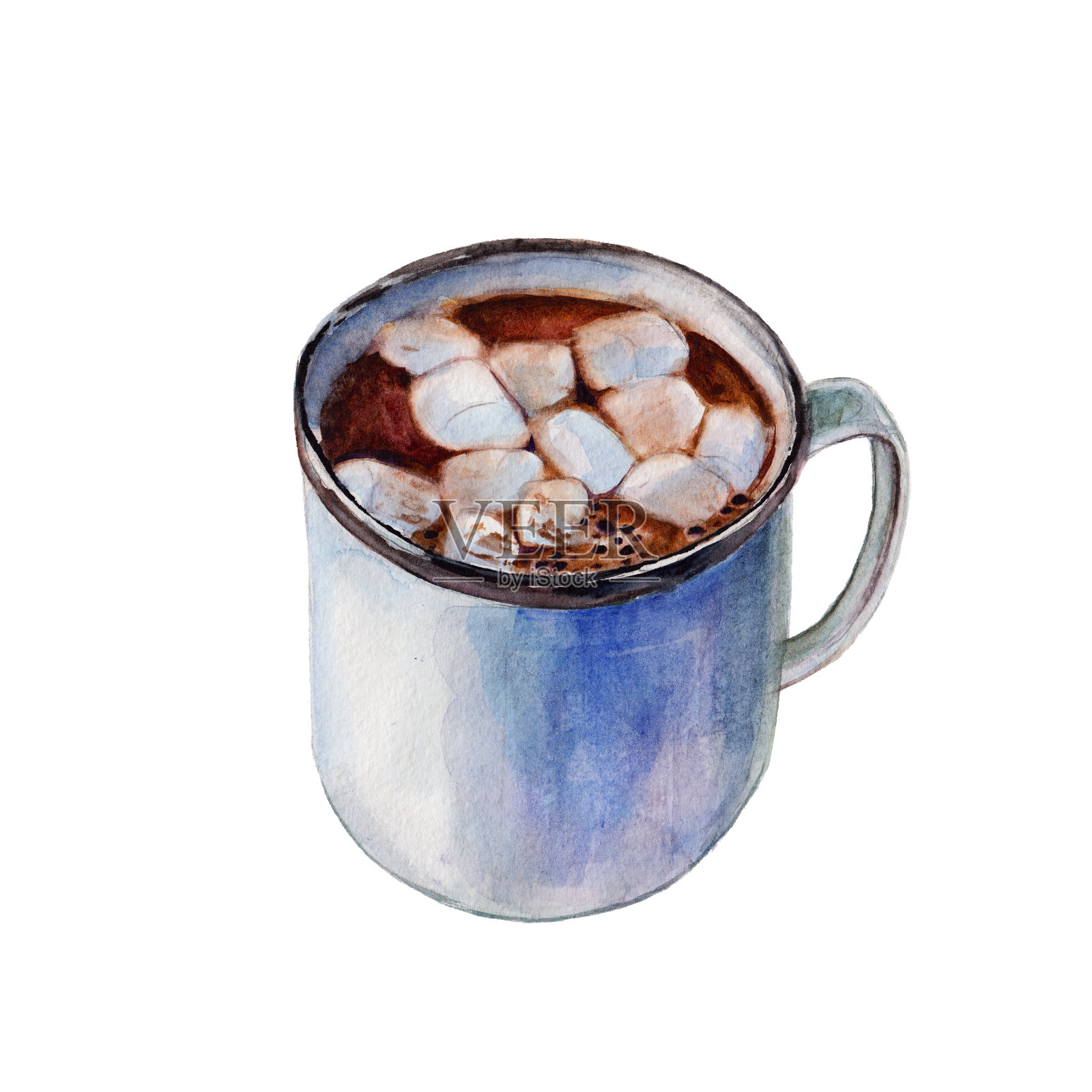 咖啡杯与棉花糖孤立的白色背景，水彩插图手绘风格。插画图片素材