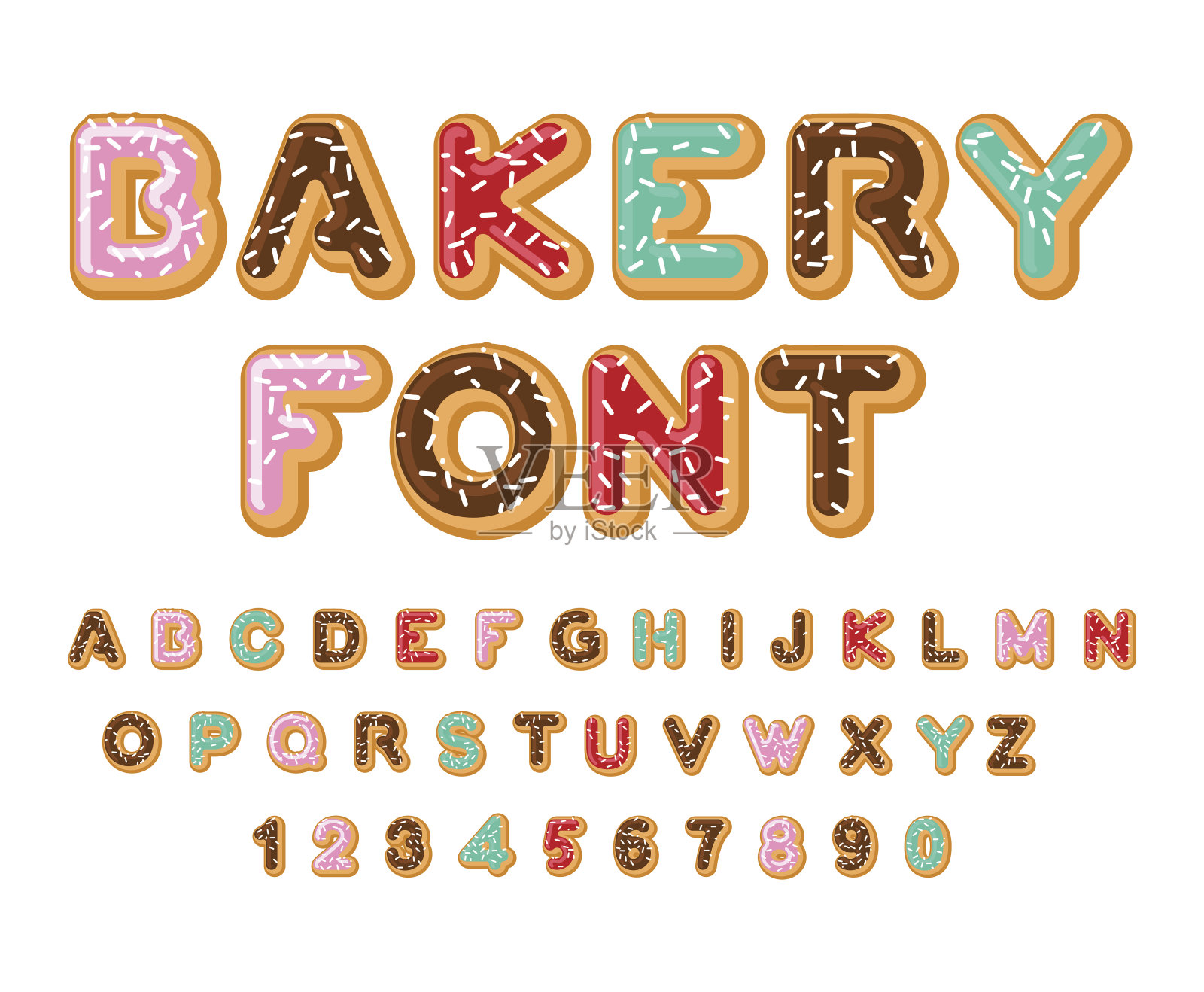 面包店字体。甜甜圈ABC。在油里烤的字母。巧克力糖霜和糖霜。可食用的排版。食物刻字。甜甜圈字母。设计元素图片
