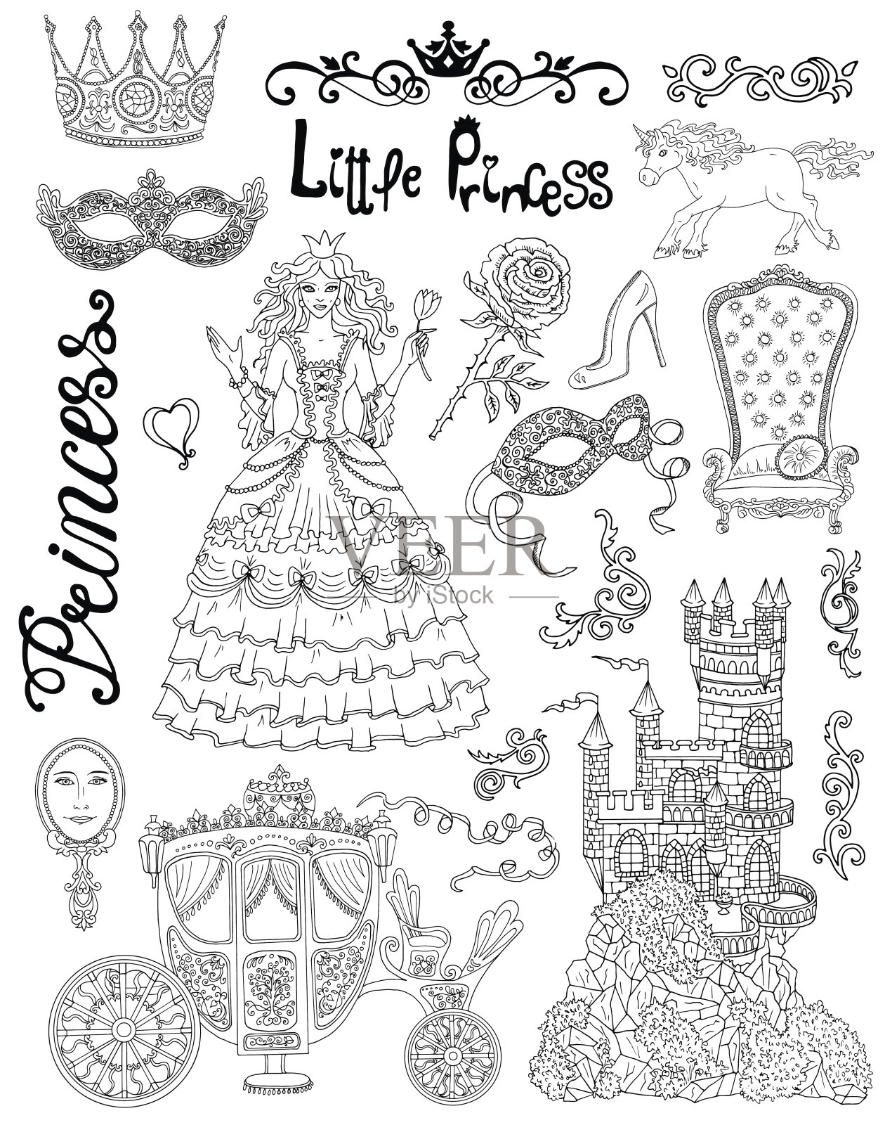 线条艺术涂鸦与公主配件和皇室概念插画图片素材