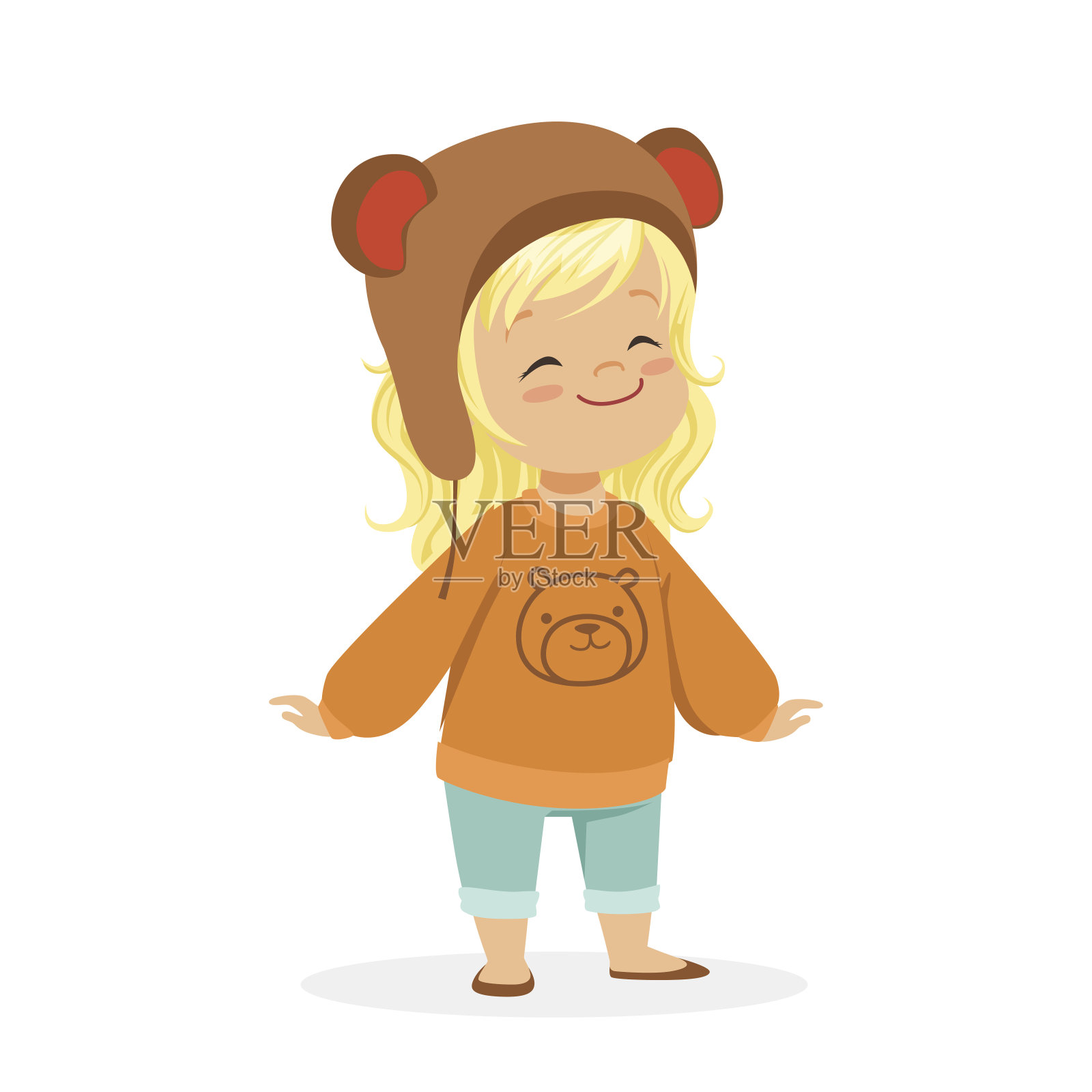 可爱的金发小女孩戴着一顶棕色的熊帽子和一件带有彩色卡通人物泰迪熊的毛衣设计元素图片