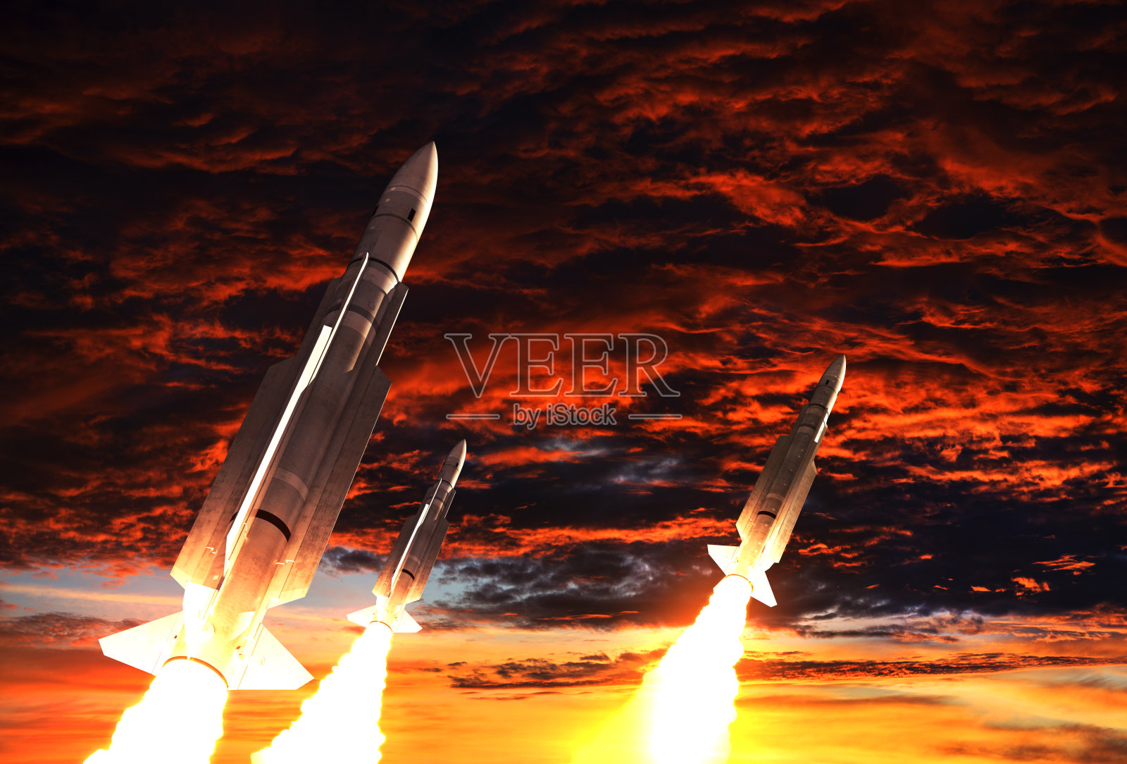 三枚火箭在末日天空的背景下起飞照片摄影图片
