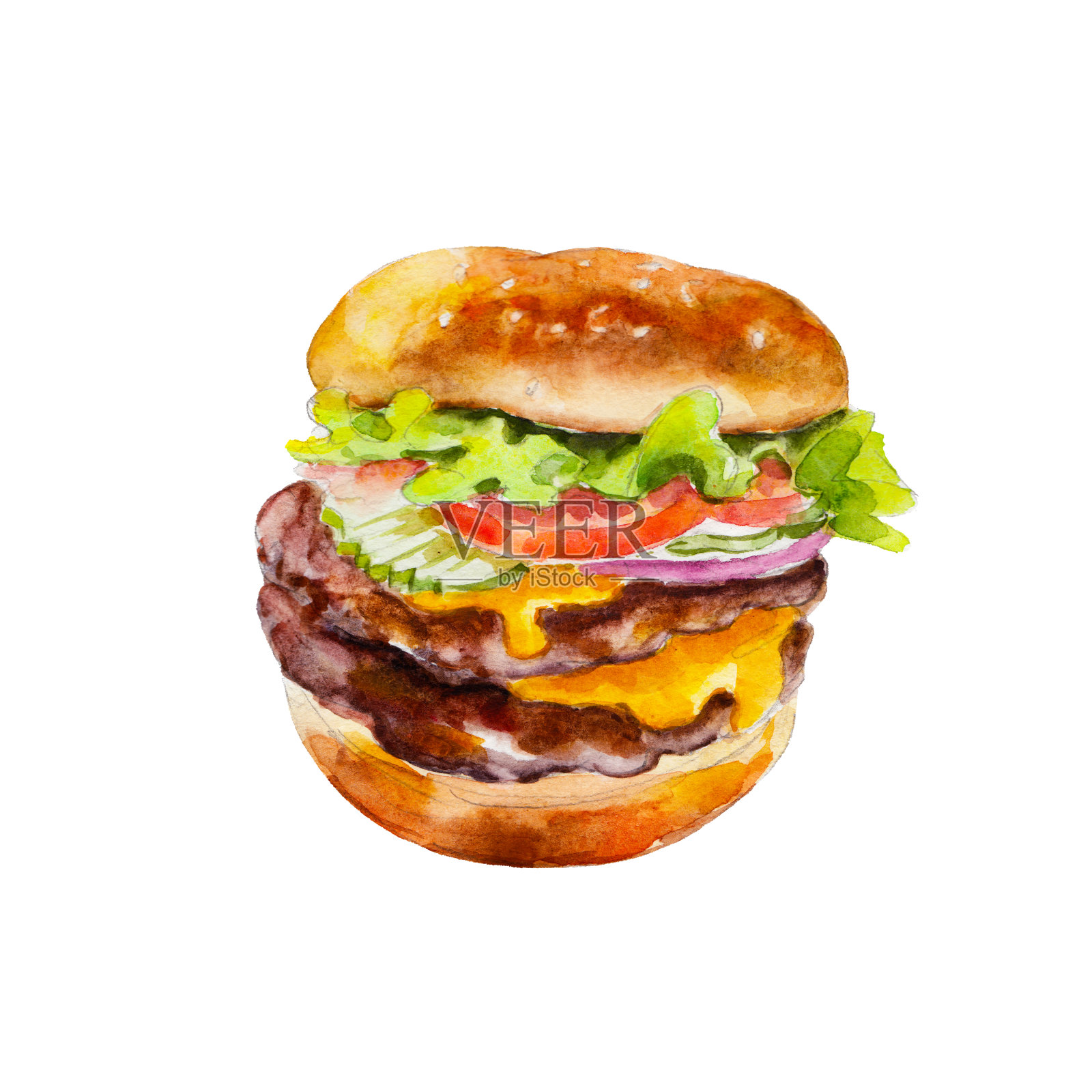 汉堡包与新鲜蔬菜，水彩插图孤立在白色背景。设计元素图片