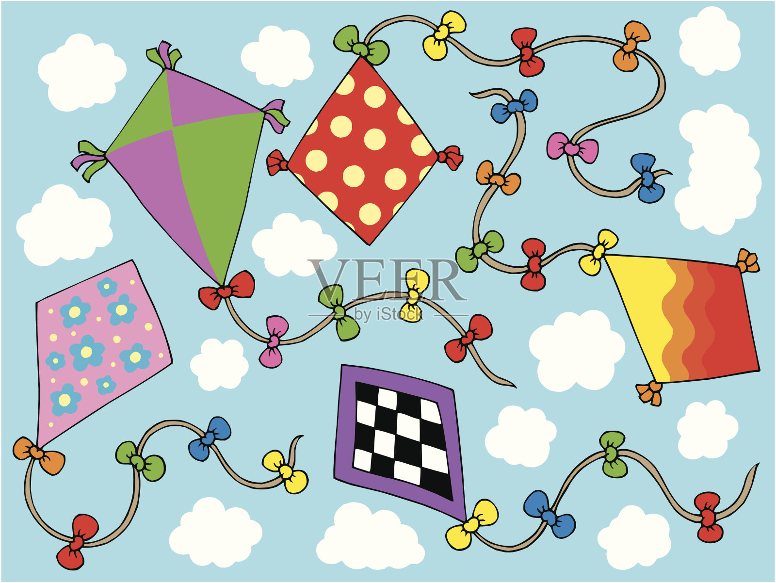 各种各样的风筝在天空中飞翔插画图片素材