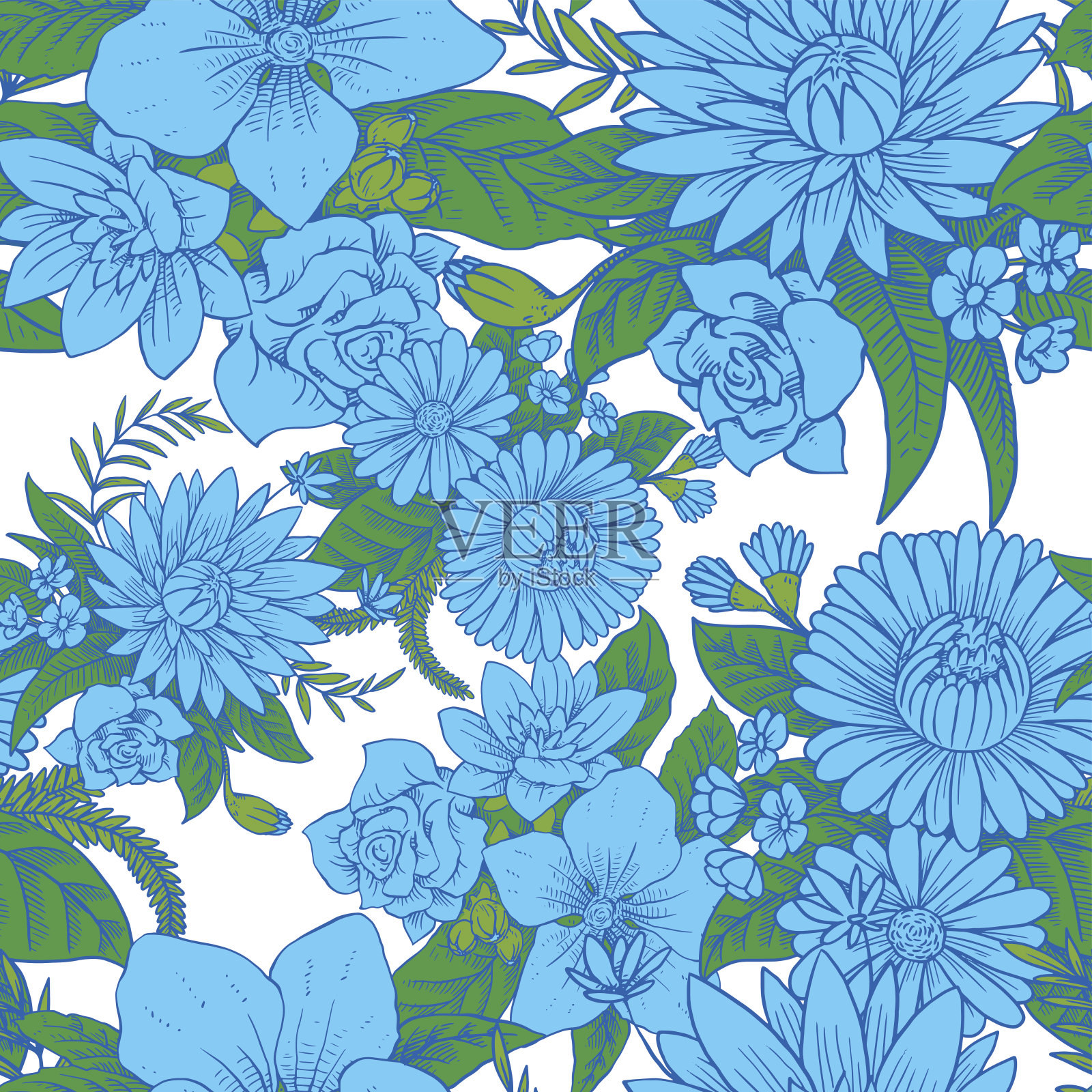 无缝花卉图案与美丽的蓝色花朵插画图片素材