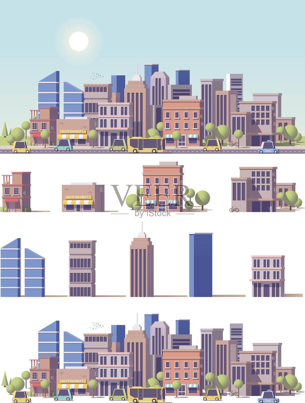 矢量低多边形2d建筑和城市场景插画图片素材