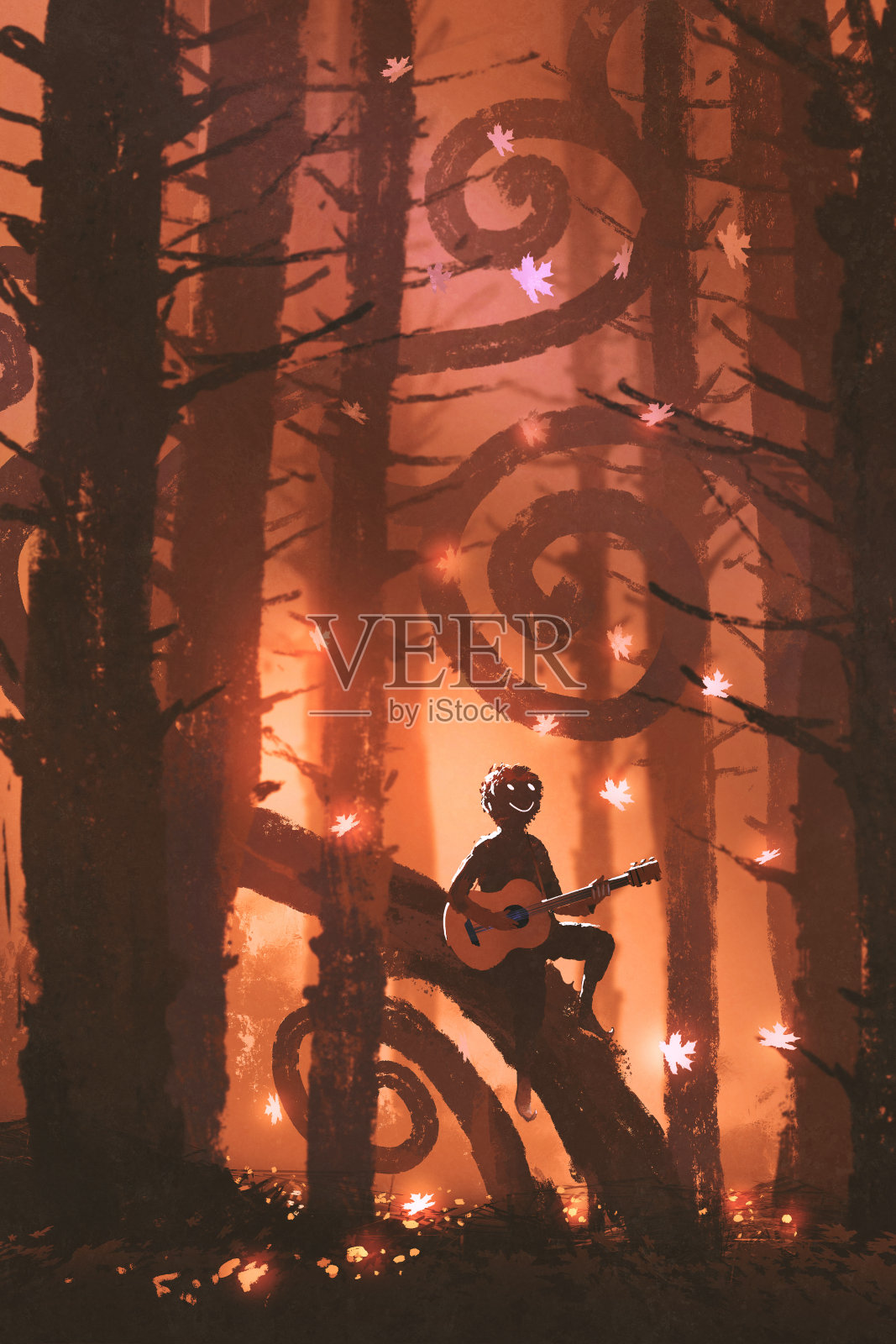 一个年轻人在幻想秋天的森林里弹吉他插画图片素材