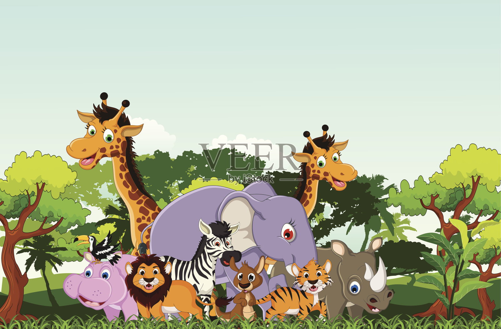 有趣的动物卡通与森林背景插画图片素材