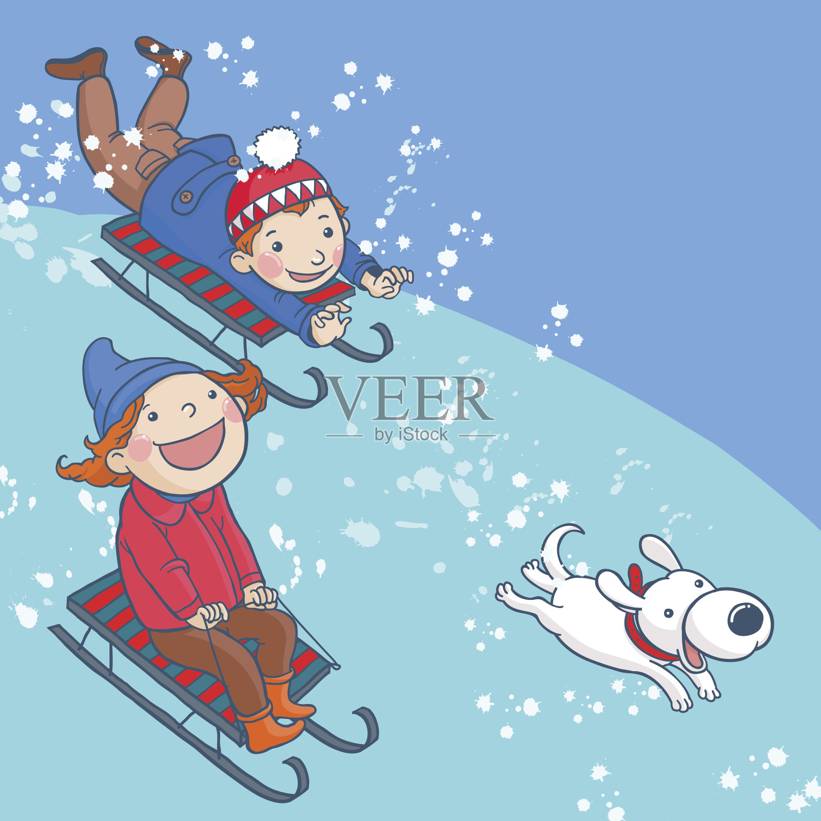 孩子们滑雪山狗插画图片素材