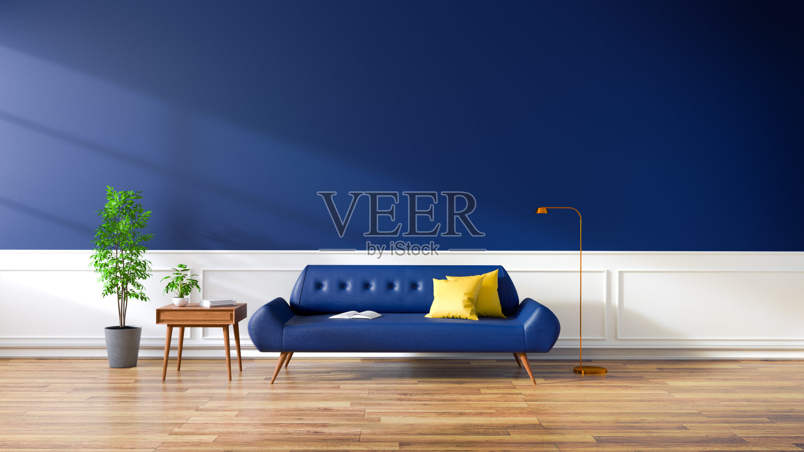 现代的客厅内部，木地板上的蓝色沙发和深蓝色的墙壁，3d渲染照片摄影图片