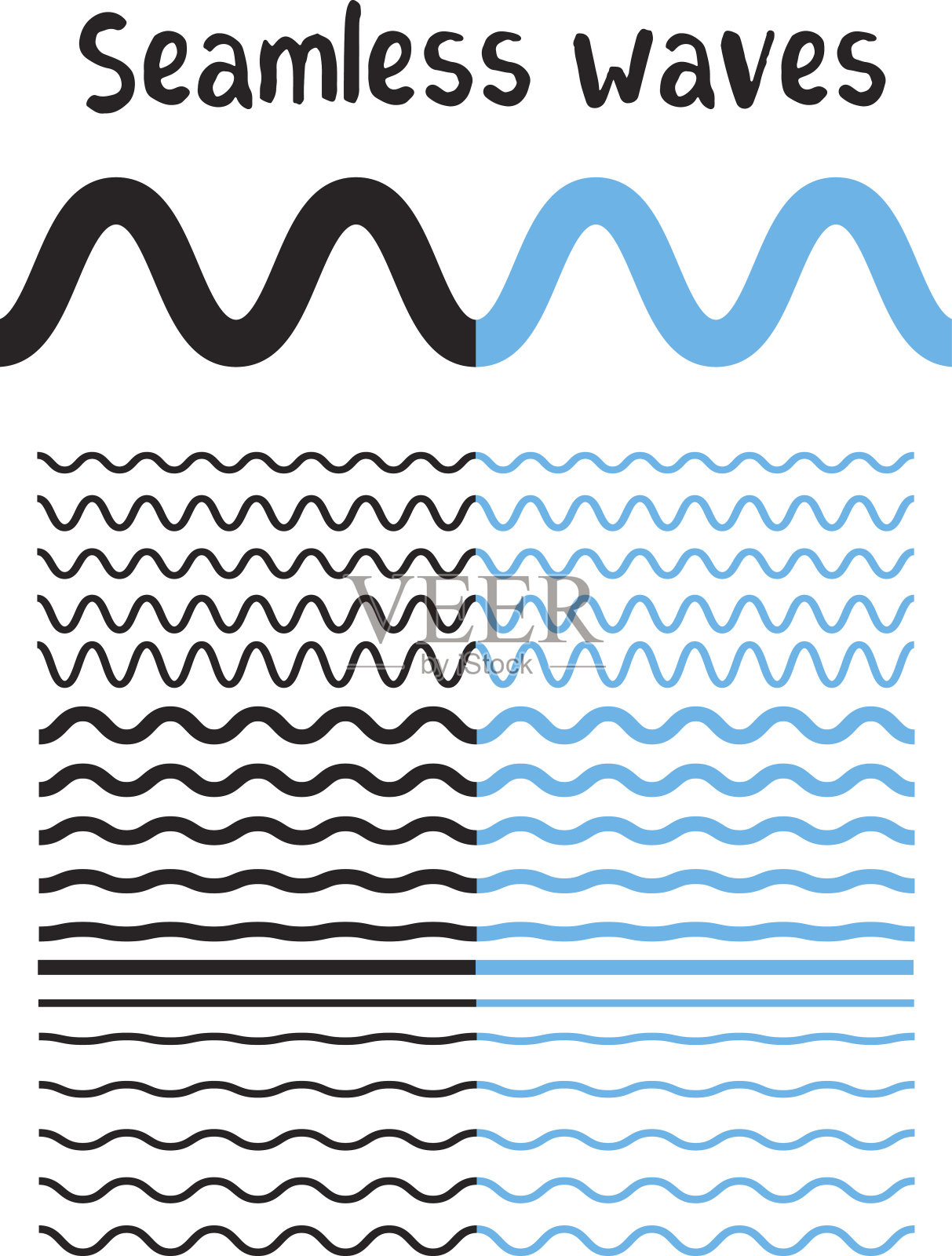 收集不同的波隔离在白色背景。矢量大套无缝波浪形曲线和之字形纵横交错的横黑蓝线条。插画图片素材