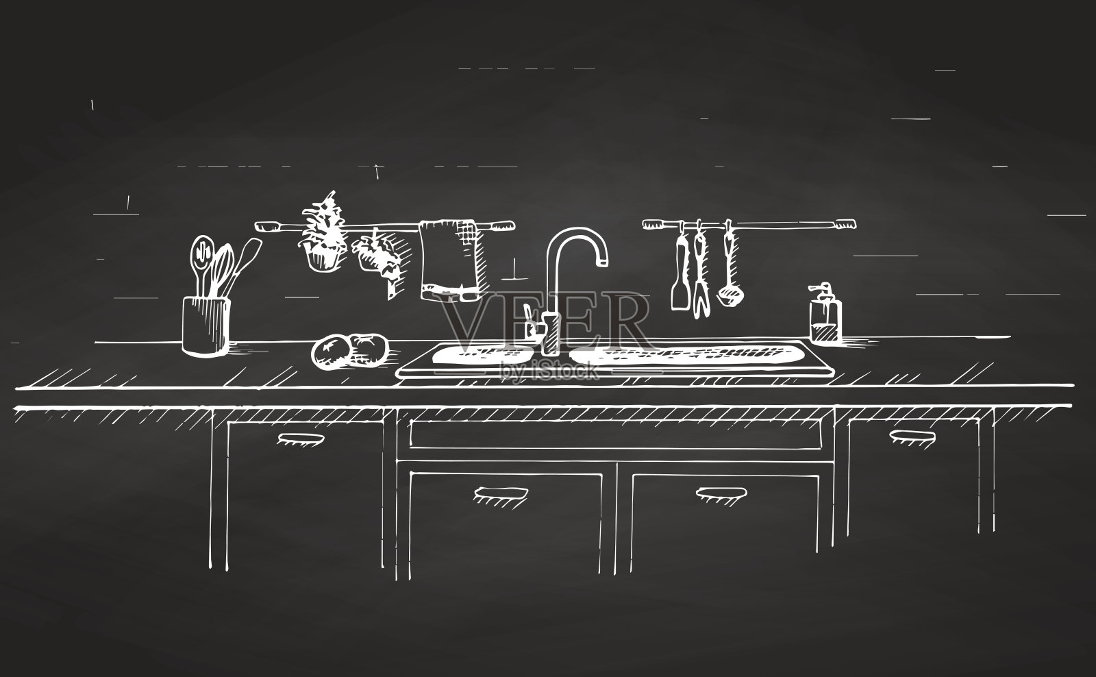 厨房的水槽。厨房工作台与水槽和画在黑板上。厨房的草图插画图片素材