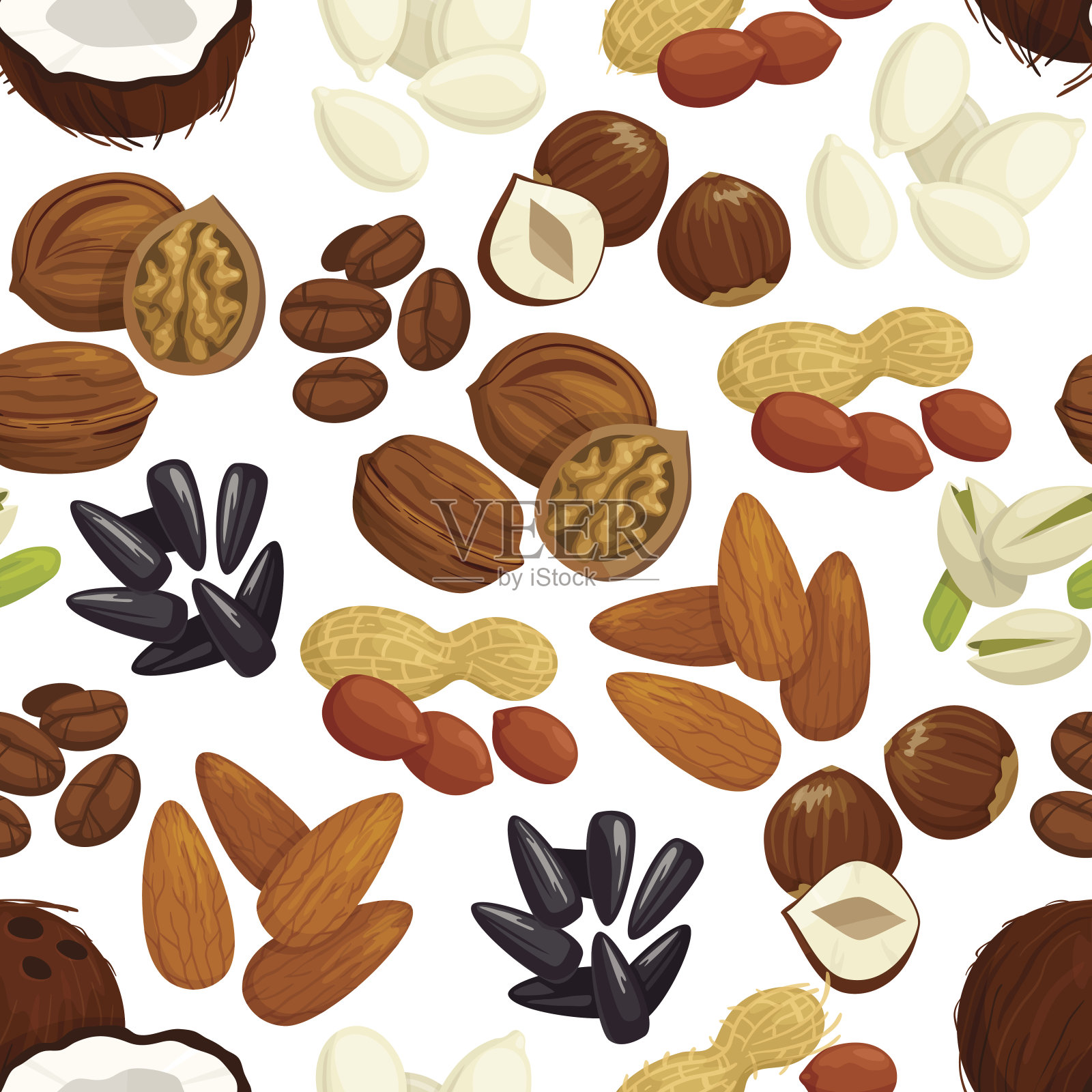 坚果、豆类、种子、谷粒无缝花纹背景插画图片素材