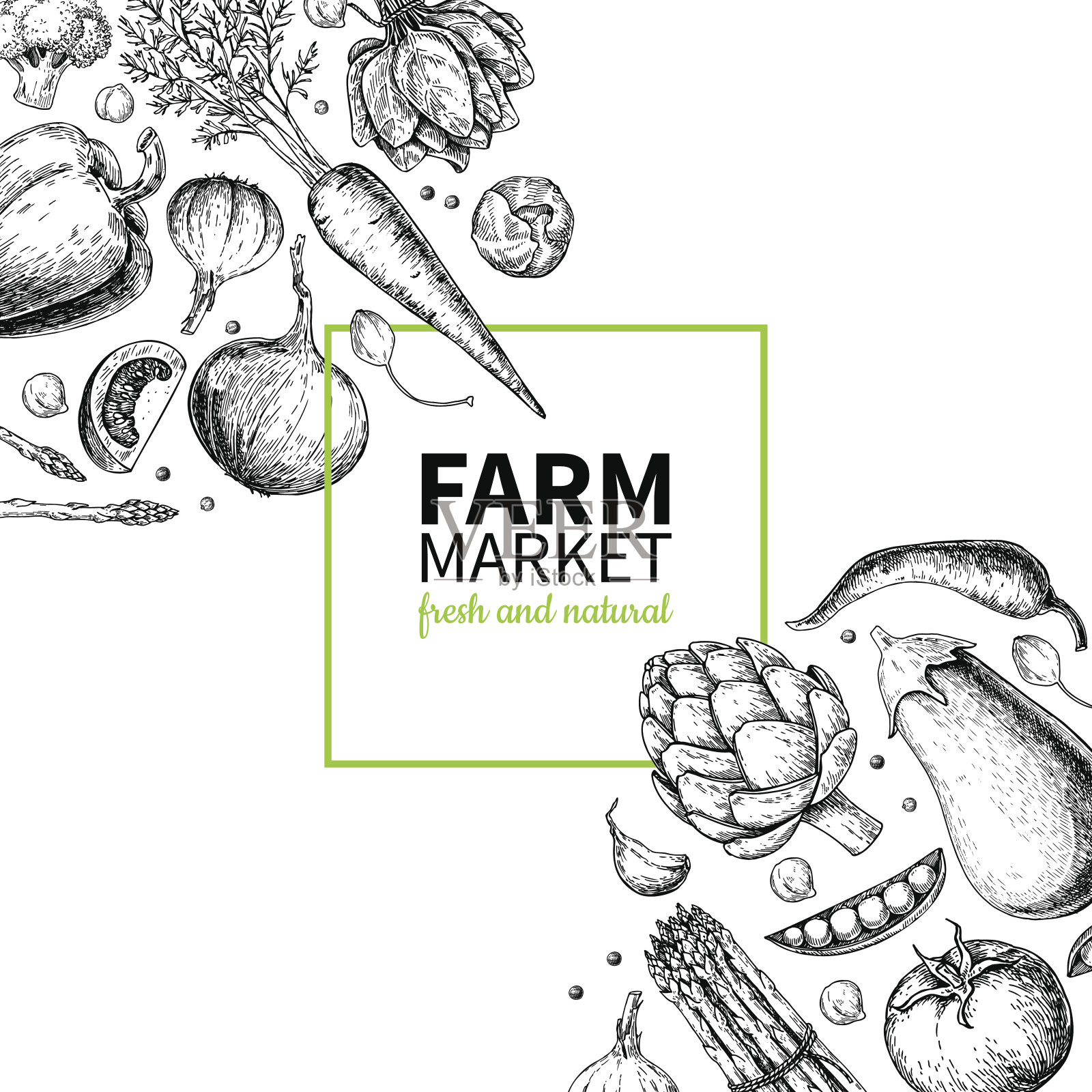 蔬菜手绘复古矢量框架插图。农业市场的海报。素食套装有机产品。设计模板素材