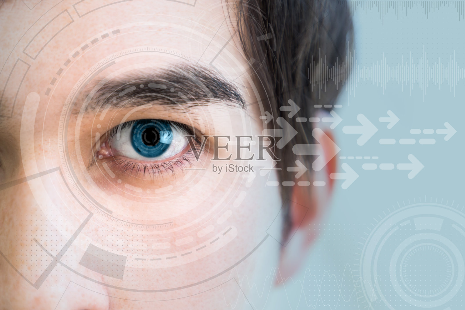 年轻人的眼睛和技术概念，智能隐形眼镜显示，虹膜验证，可穿戴计算，抽象图像视觉照片摄影图片