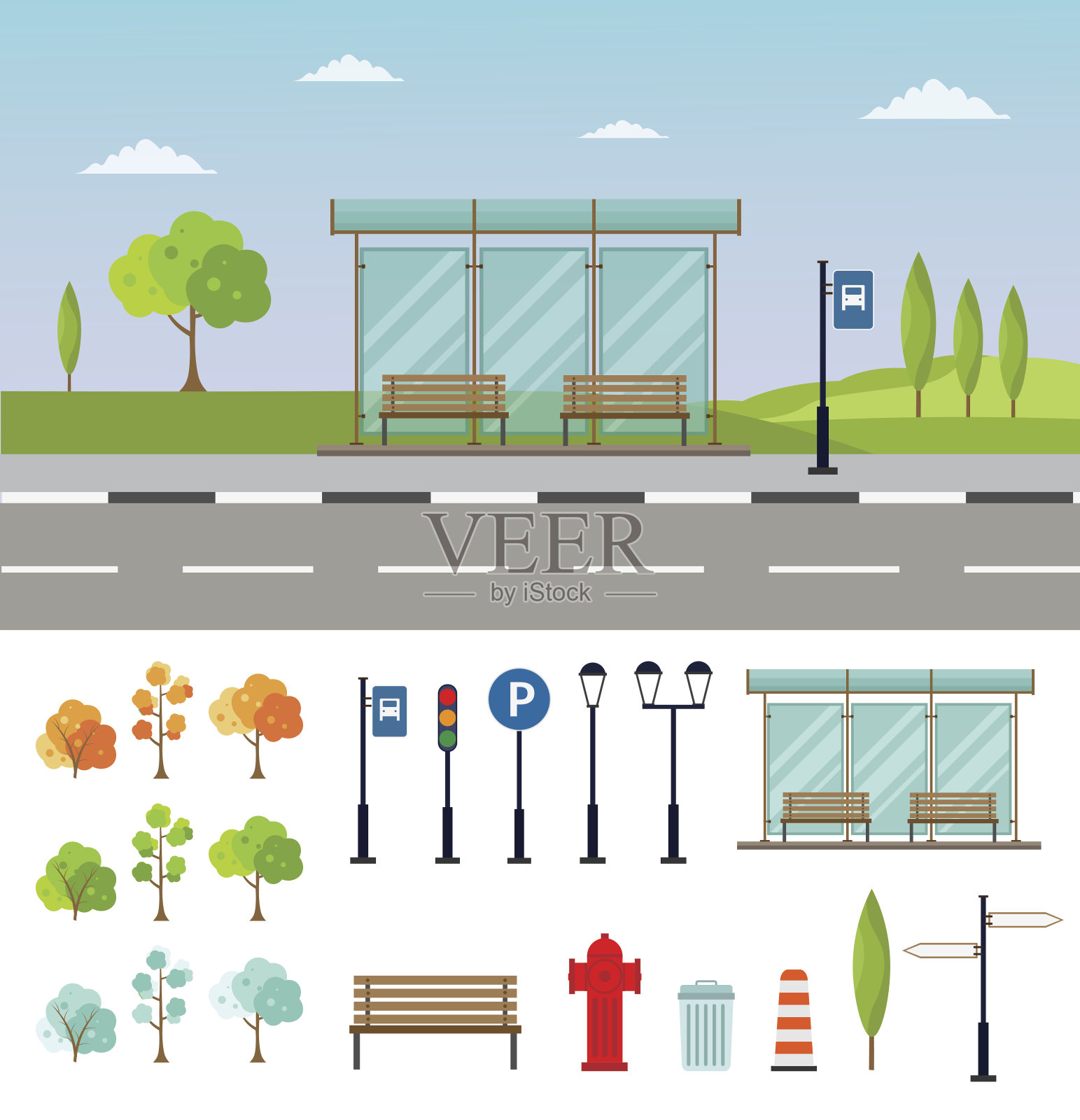 公交车站城市景观平面矢量插图背景设置插画图片素材