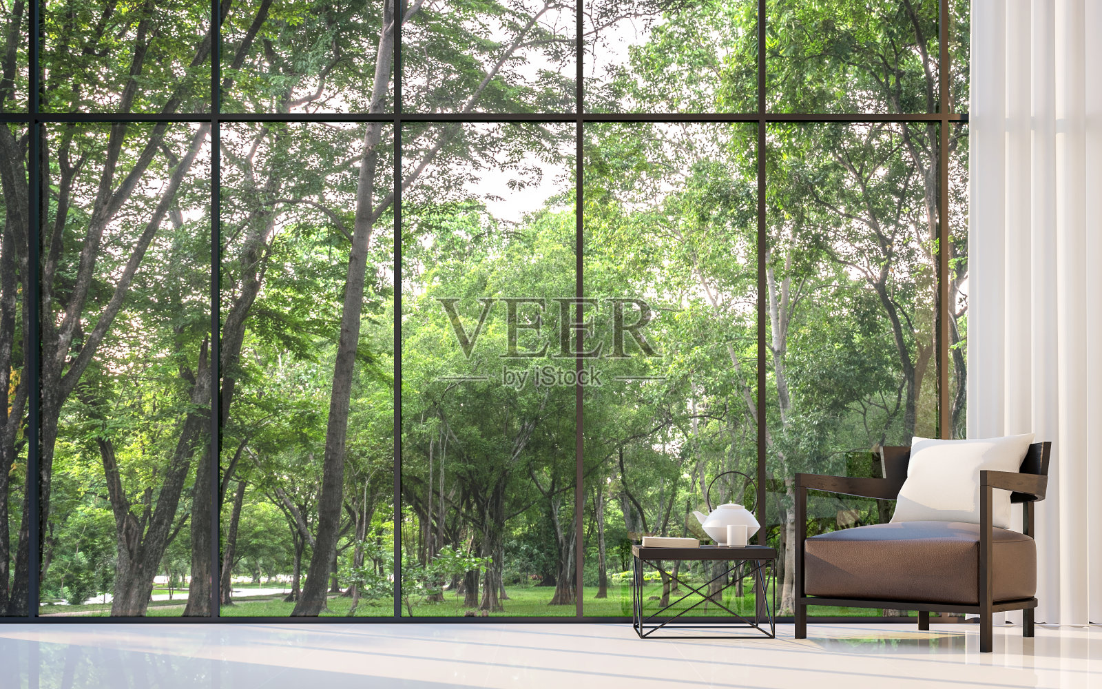 现代客厅花园视图3d渲染图像插画图片素材