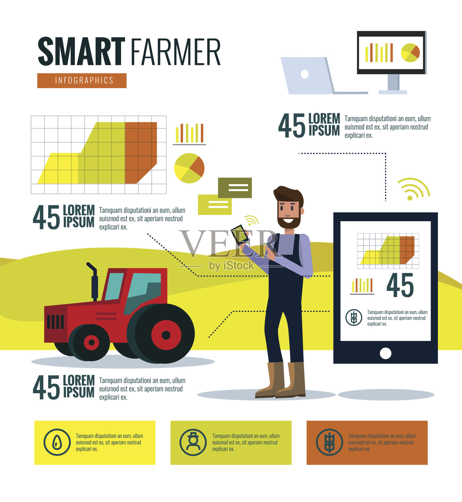 聪明的农民信息图。农场数据分析和管理概念。插画图片素材