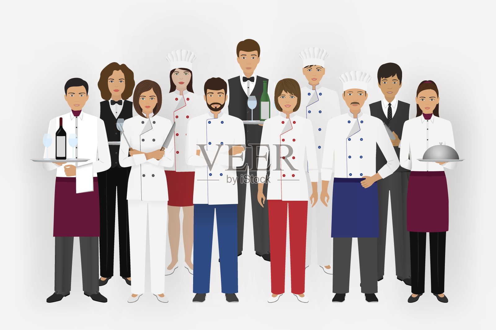 酒店餐厅团队理念统一。厨师、厨师、服务员和酒保站在一起。插画图片素材