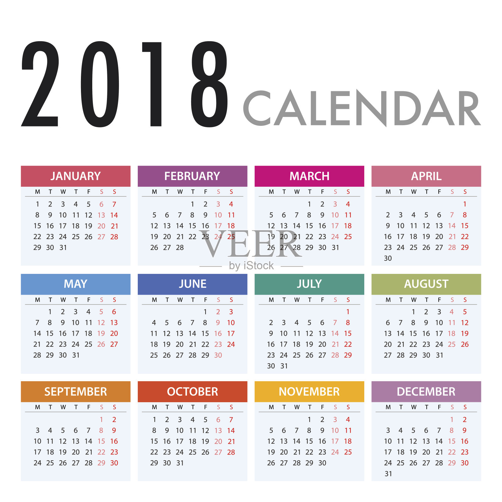 白色背景的2018年日历。一周星期一设计模板素材