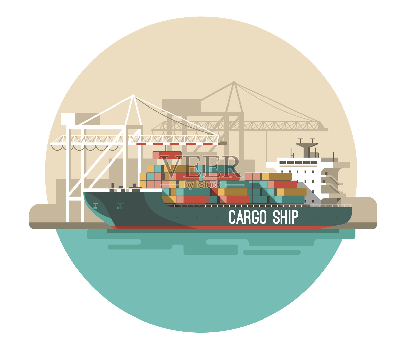 送货服务的概念。集装箱货船装载，海运。平面风格矢量插图。设计元素图片