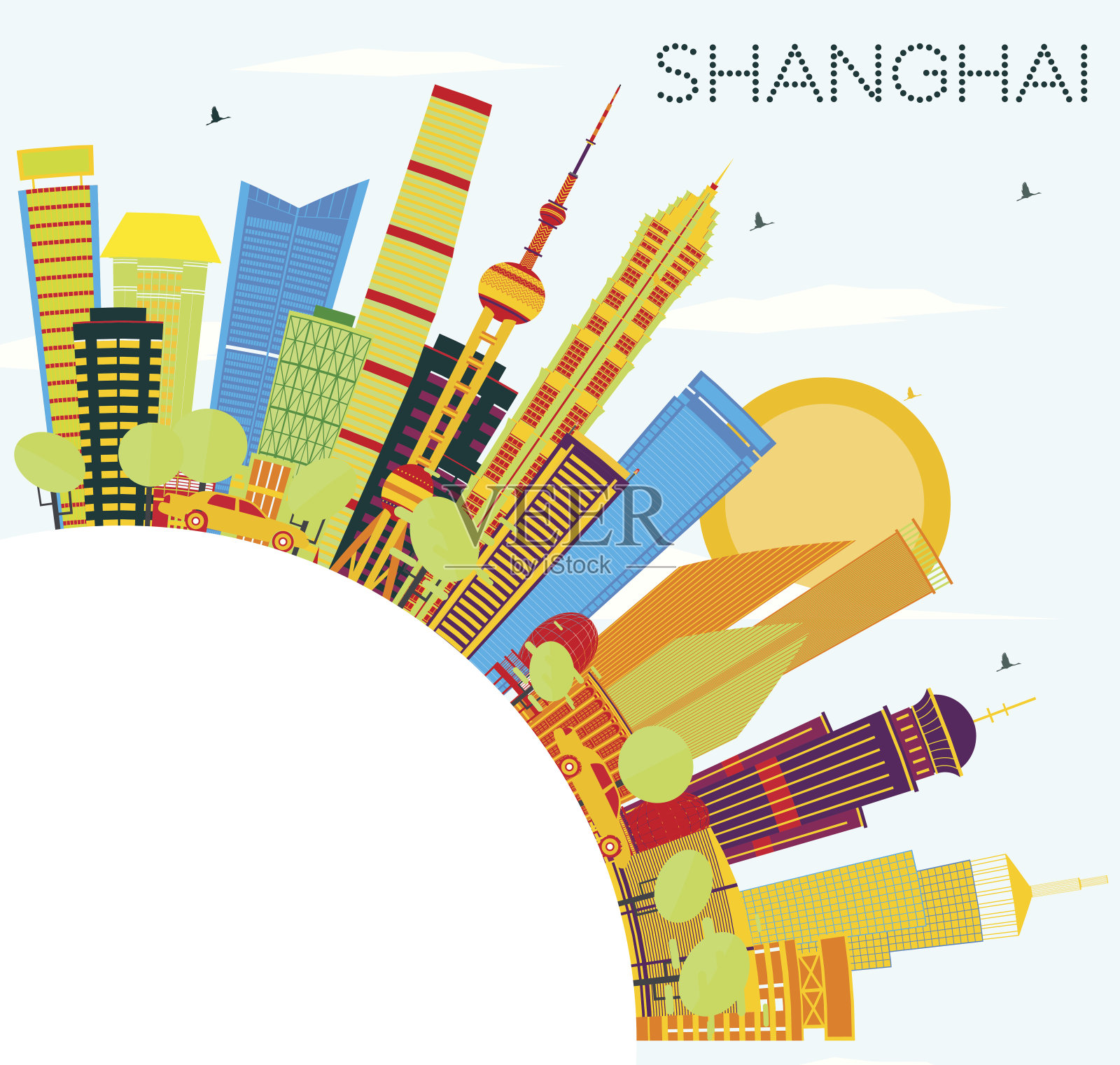 彩色建筑、蓝天、复制空间的上海天际线。插画图片素材