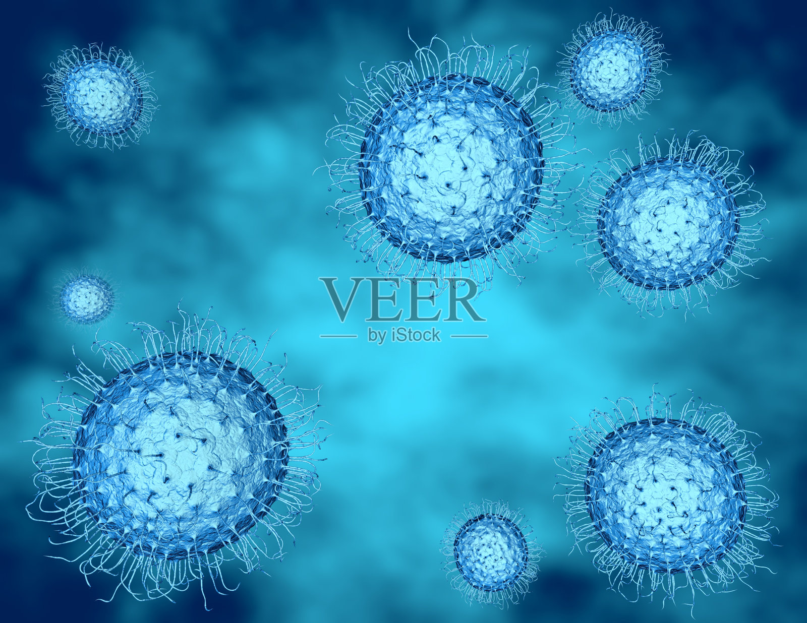 病毒细胞疾病和疾病概念抽象蓝色3D背景。照片摄影图片