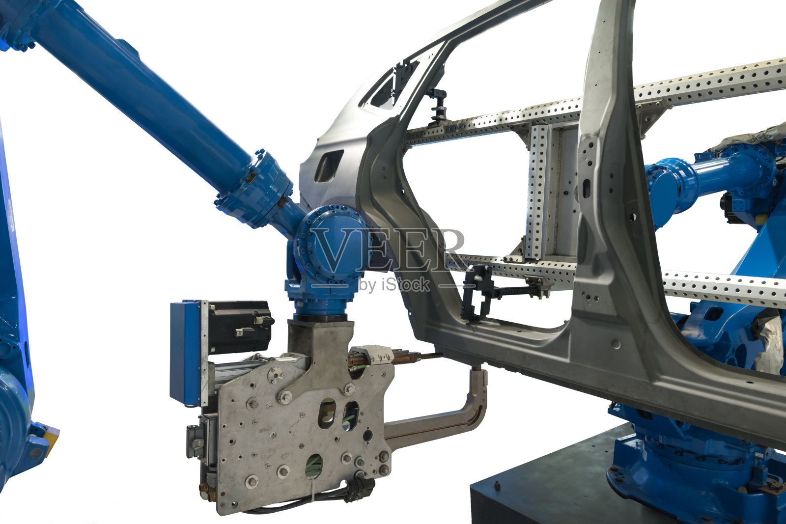 汽车制造生产工业机器，工厂机器人手臂在智能工厂和工业4.0的概念。白色背景和剪切路径。照片摄影图片