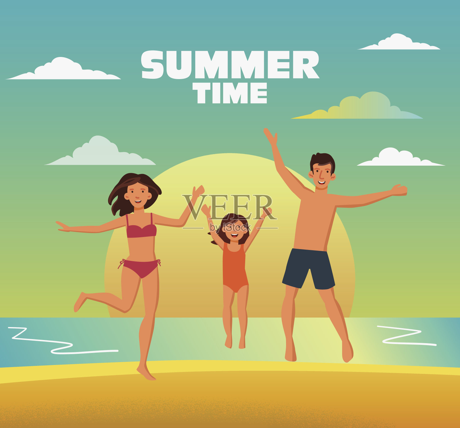 欢乐的一家人在沙滩上跳跃。旅游，假期，假期和冒险矢量概念插图插画图片素材