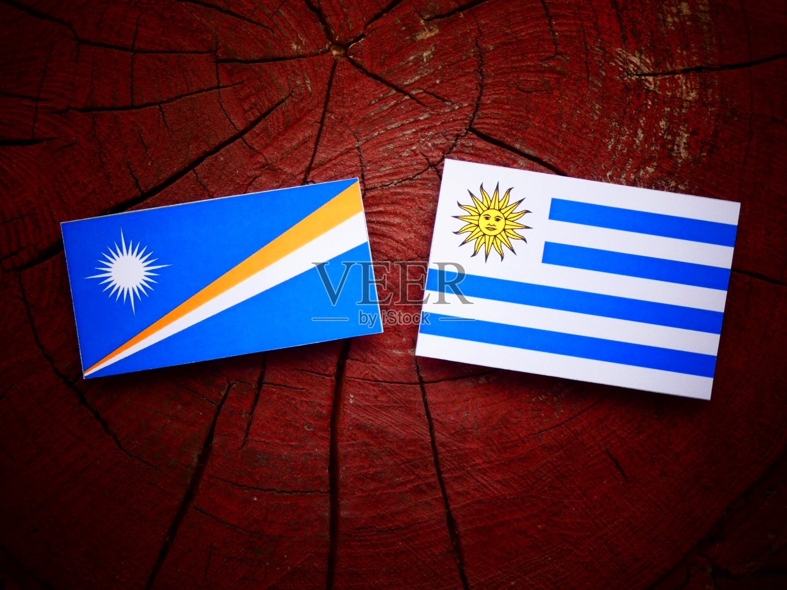 马绍尔群岛国旗和乌拉圭国旗在一个树桩孤立照片摄影图片