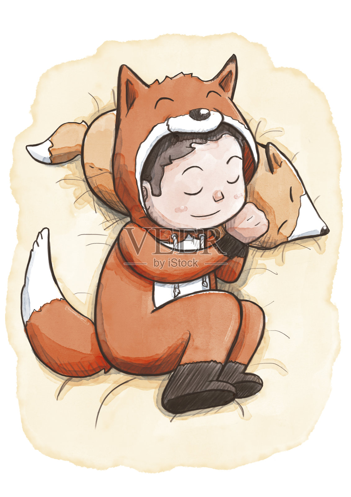 穿着狐狸睡衣睡觉的男孩插画图片素材