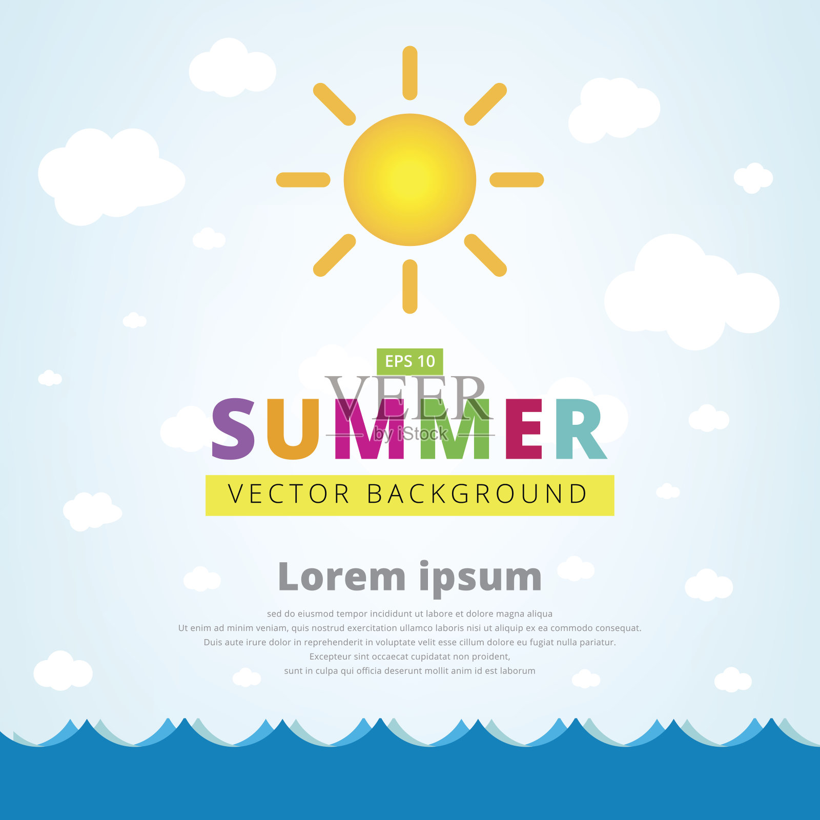 夏季矢量插图与海景太阳和云横幅或海报。矢量图插画图片素材