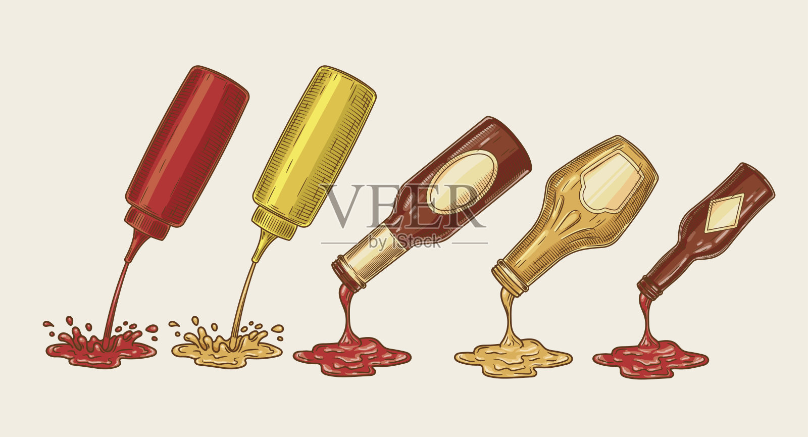 矢量插图的雕刻风格的一套不同的酱料从瓶子倒插画图片素材