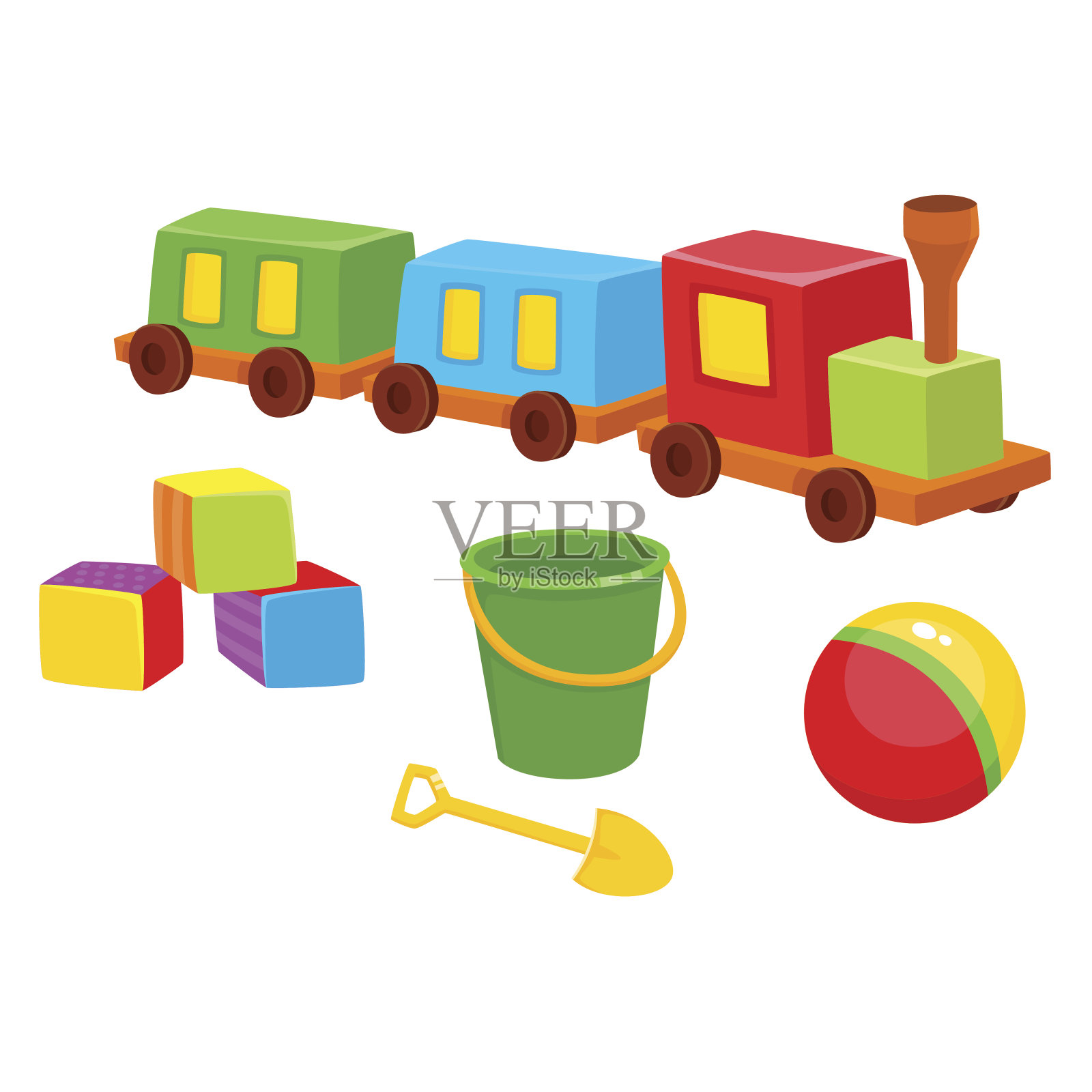 婴儿玩具-火车，积木，球，水桶，铲子插画图片素材