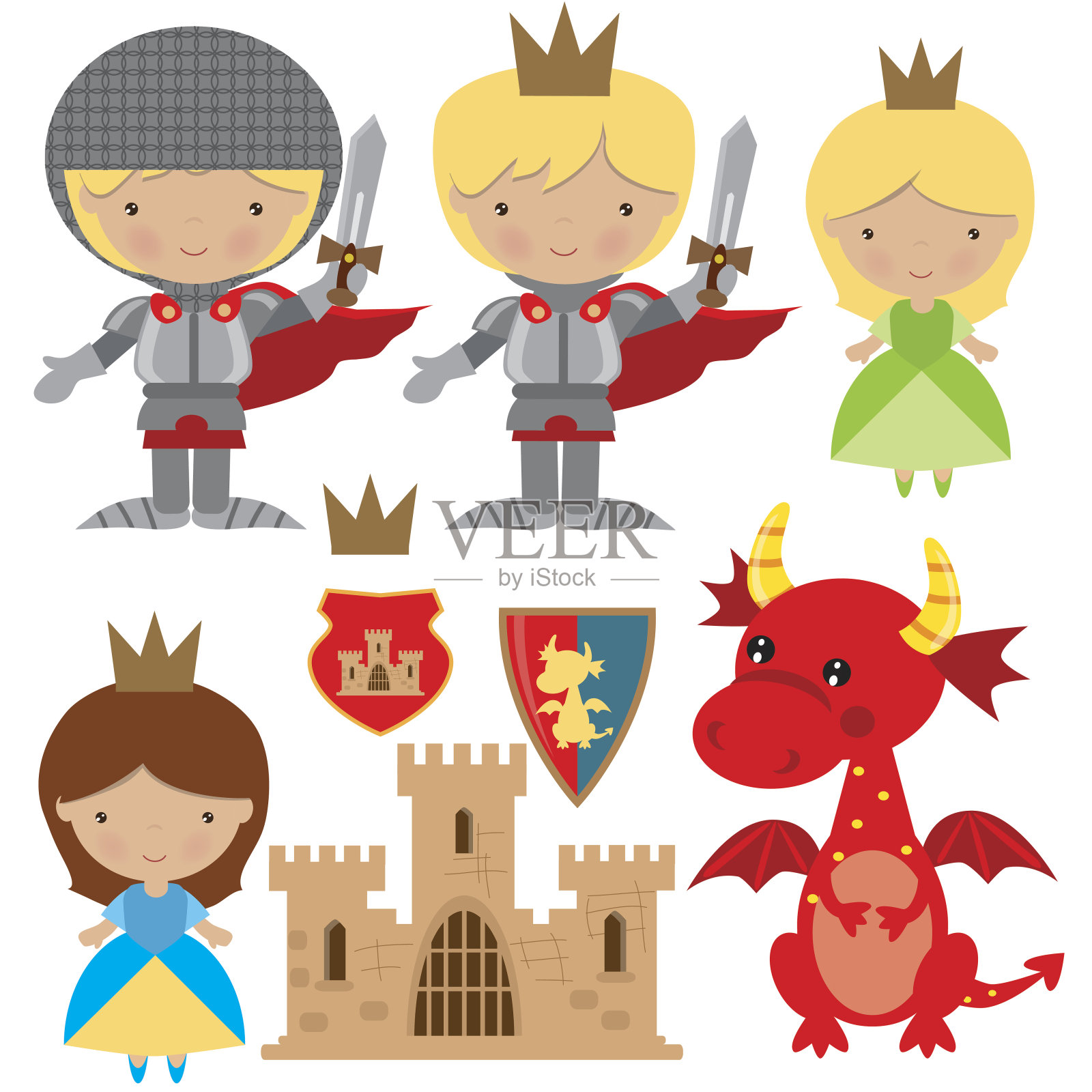 中世纪骑士，公主和龙矢量插图插画图片素材