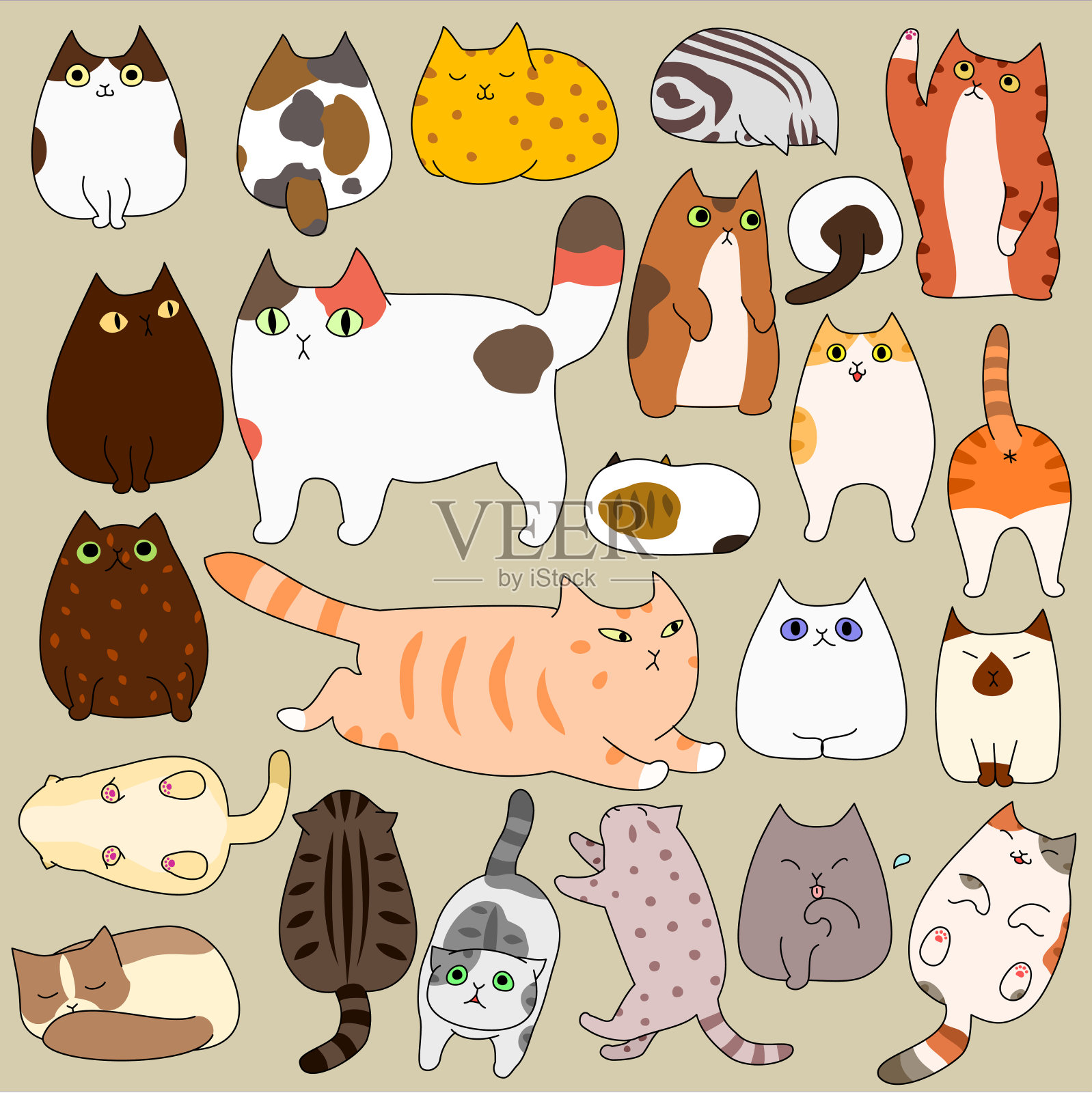 可爱的猫摆姿势的涂鸦集插画图片素材