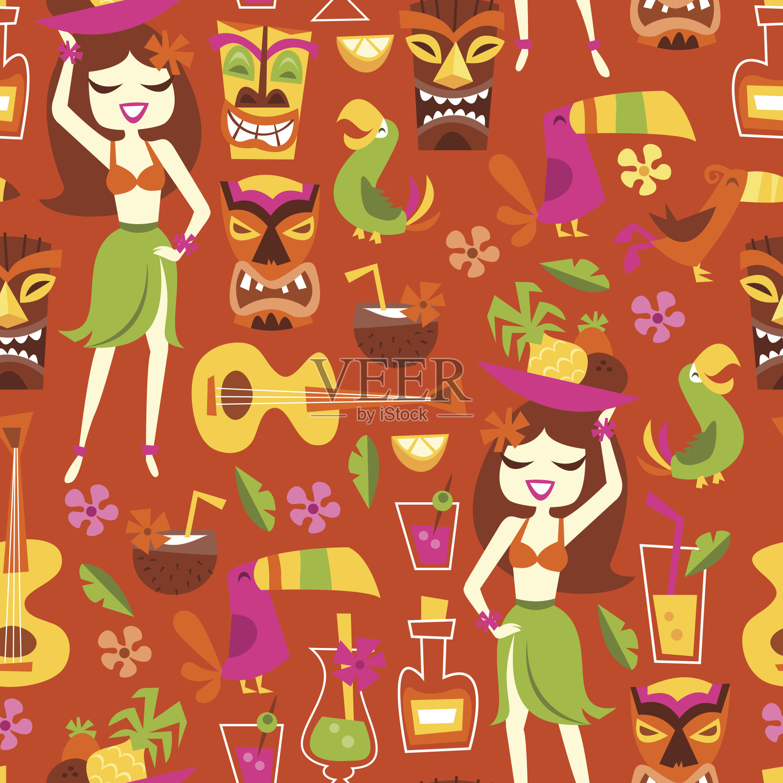 复古夏威夷夏威夷宴会无缝模式背景插画图片素材