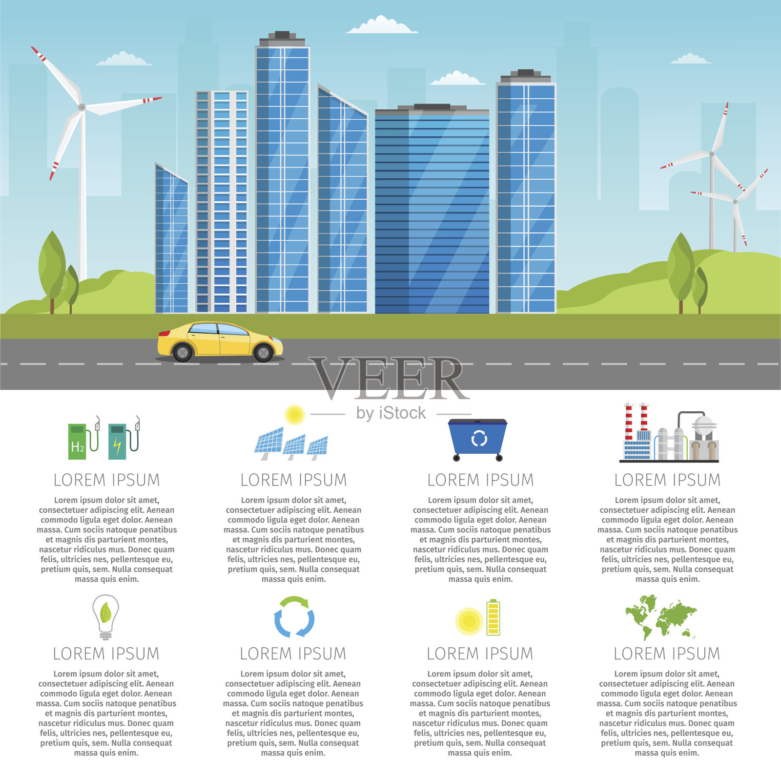生态能源汽车信息图向量元素插图和环境生态风险与污染。城市生活集插画图片素材