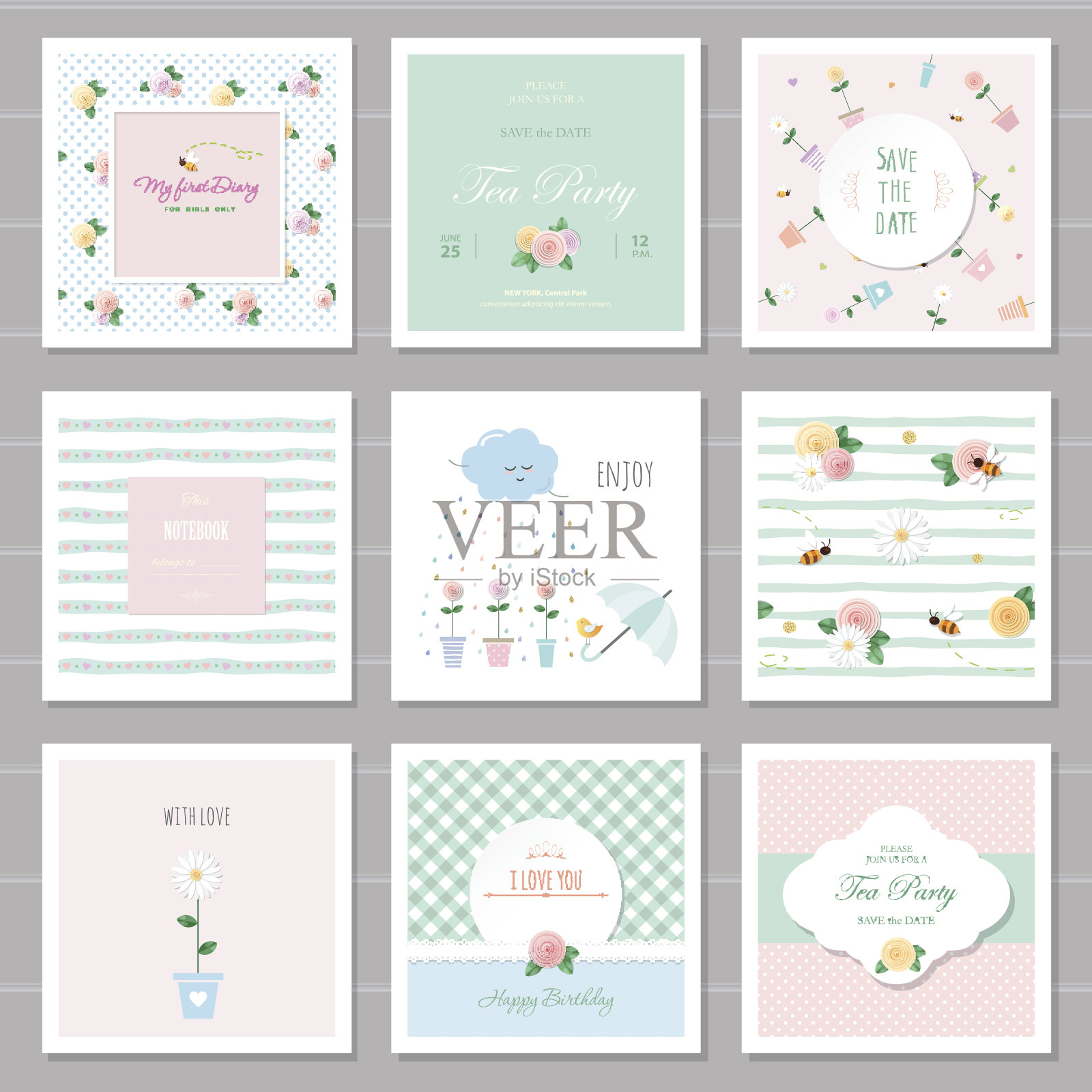 可爱的卡片，女孩与花卉装饰元素。生日，婚礼，情人节，笔记本封面。包括6个无缝模式。插画图片素材