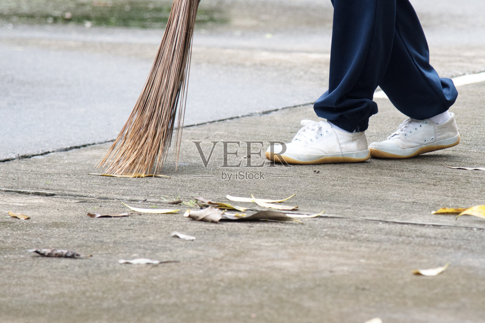 学生在学校的地板上扫干树叶。照片摄影图片