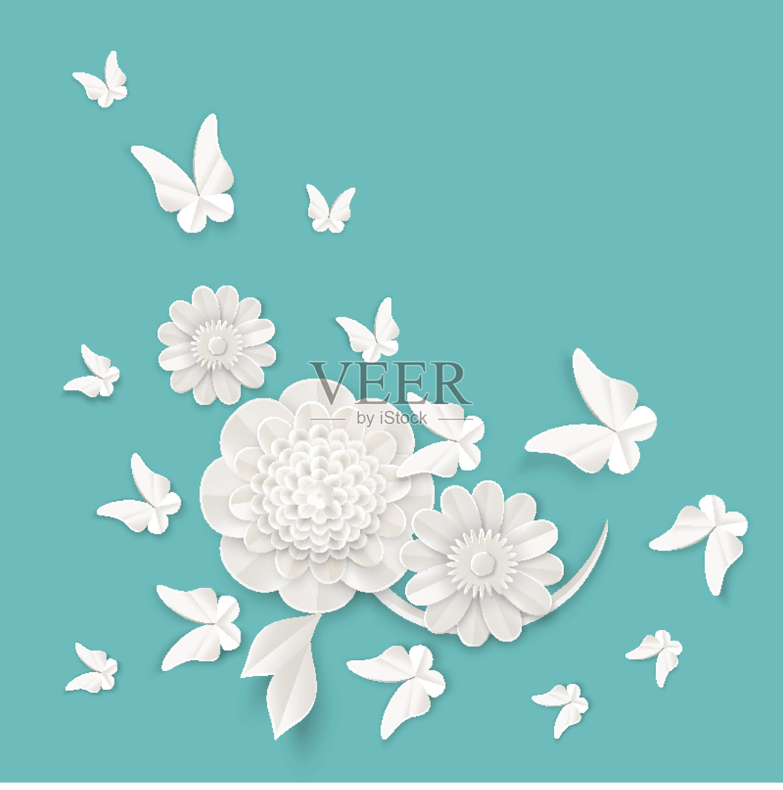 植物折纸元素的豪华白花和热带蝴蝶插画图片素材