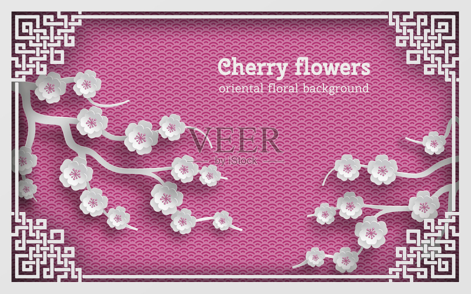 花粉色东方图案背景与樱花花和装饰剪出框架设计模板素材