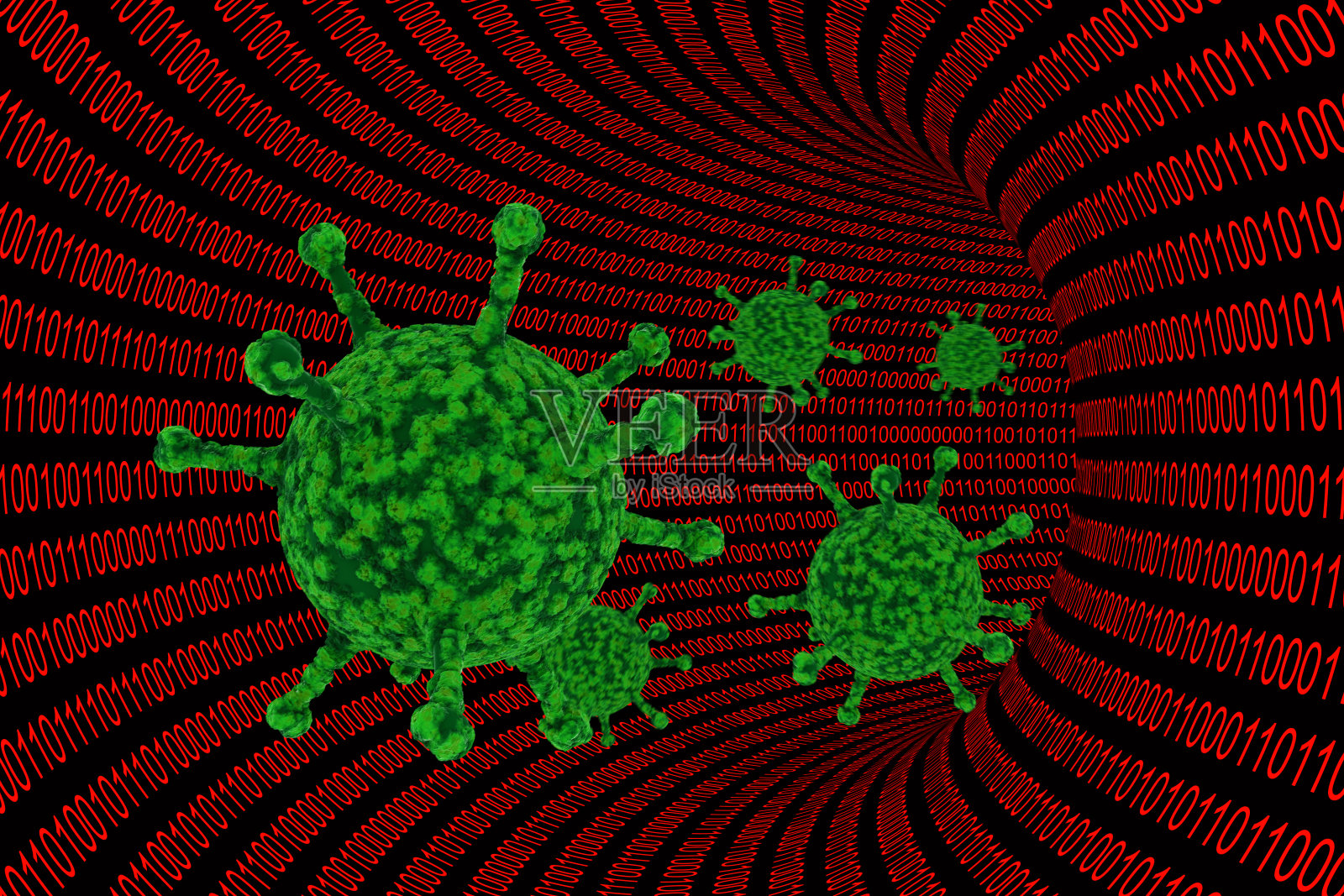 计算机病毒-红色二进制代码线与绿色病毒3D插图插画图片素材