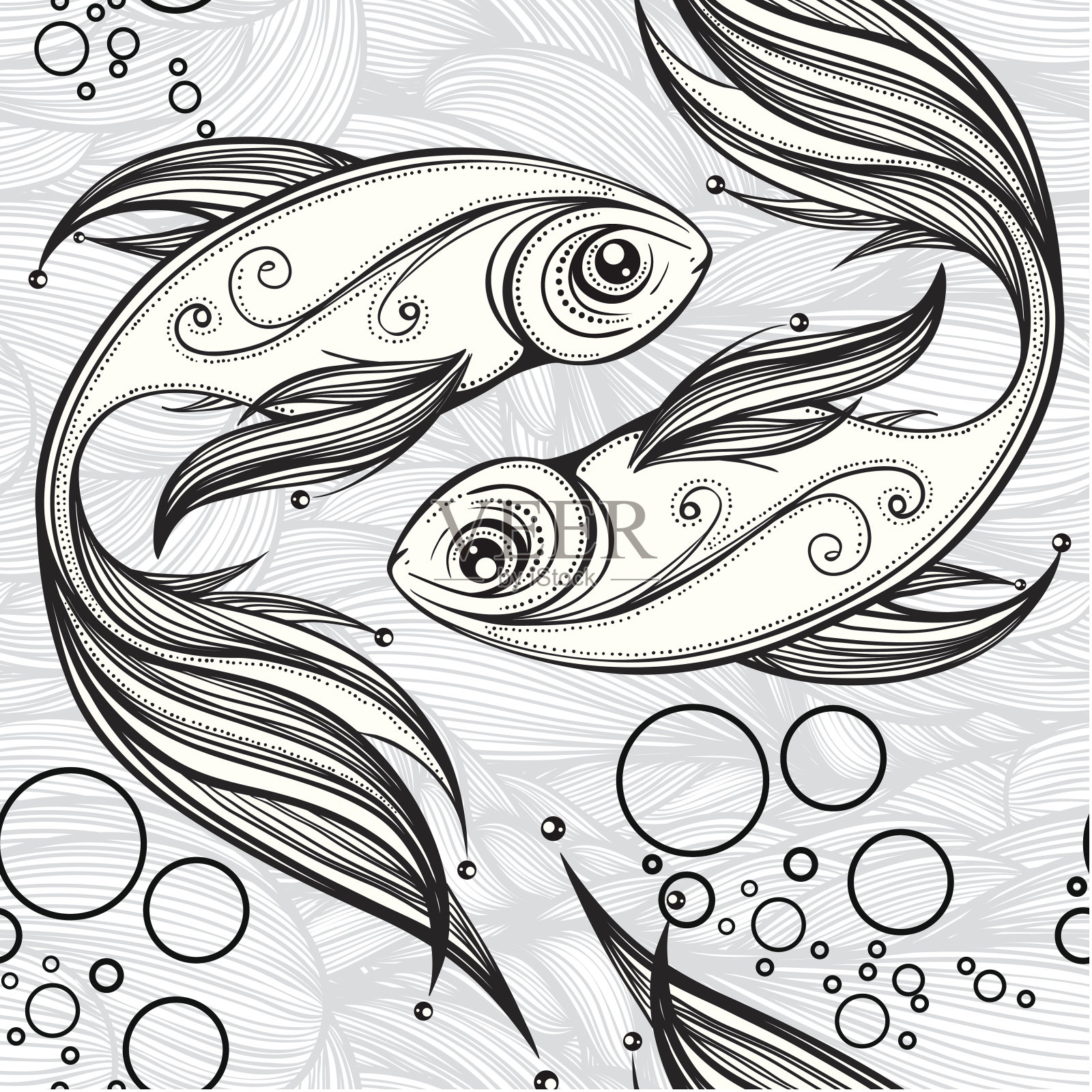 抽象图形鱼在波浪的背景上插画图片素材